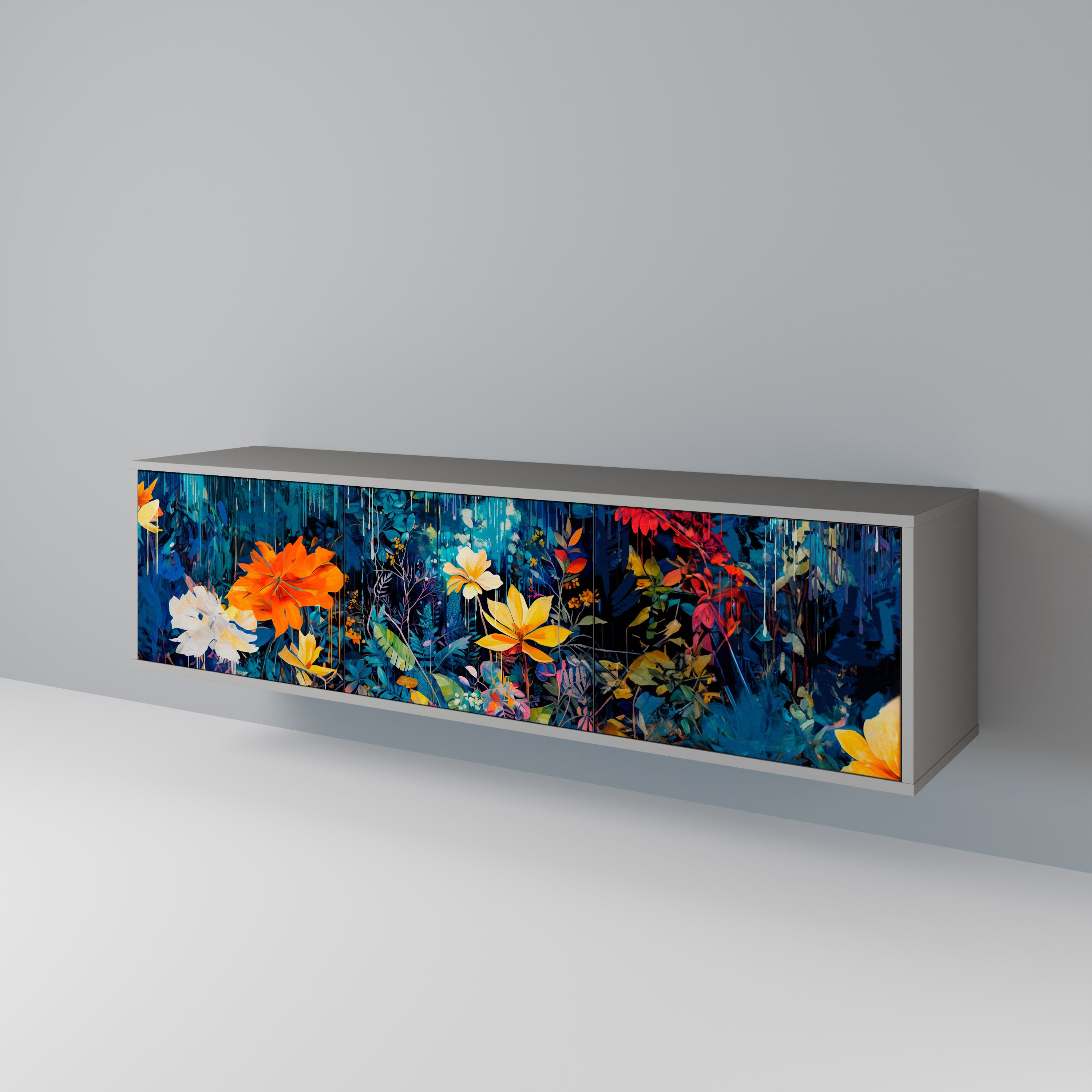 Meuble TV 3 portes MIDNIGHT BLOSSOM, finition grise