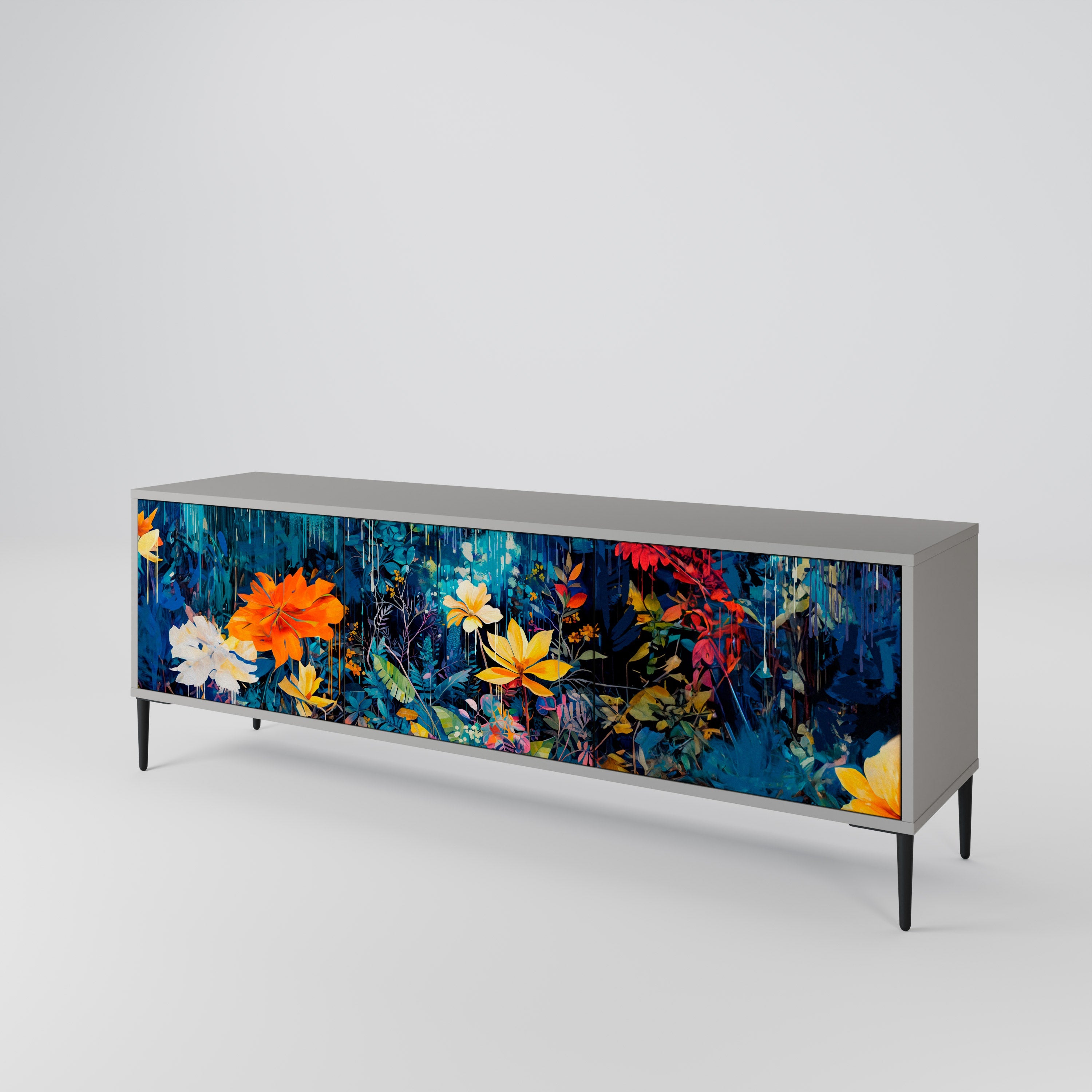 Meuble TV 3 portes MIDNIGHT BLOSSOM, finition grise