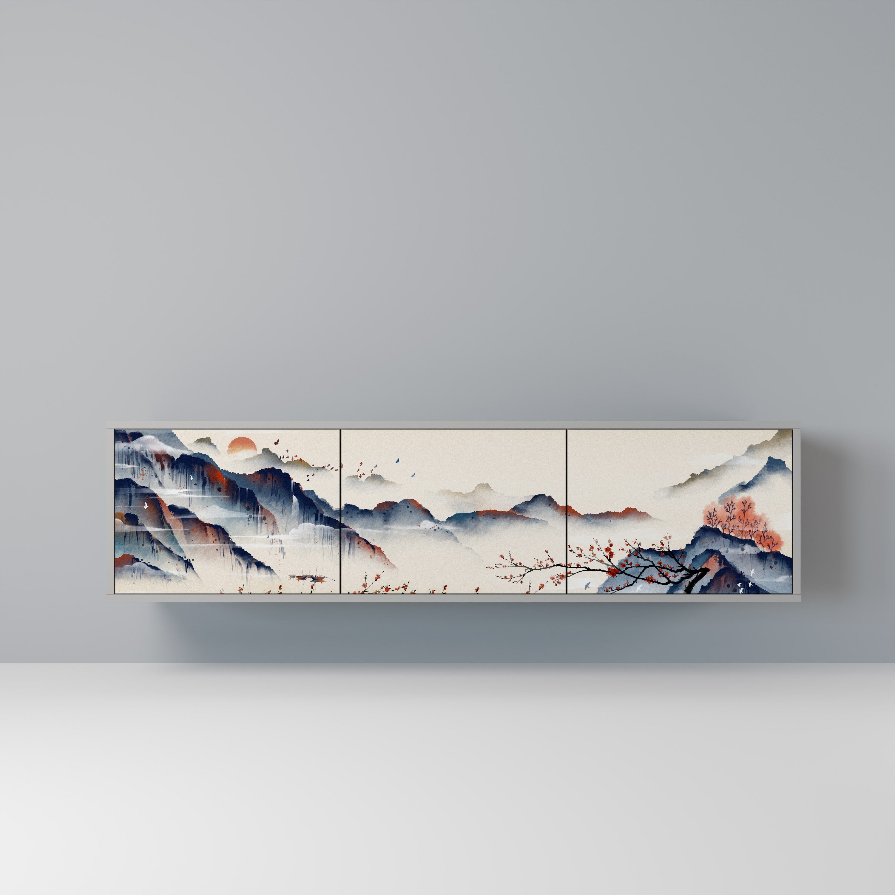 Meuble TV 3 portes PAYSAGE JAPONAIS finition grise