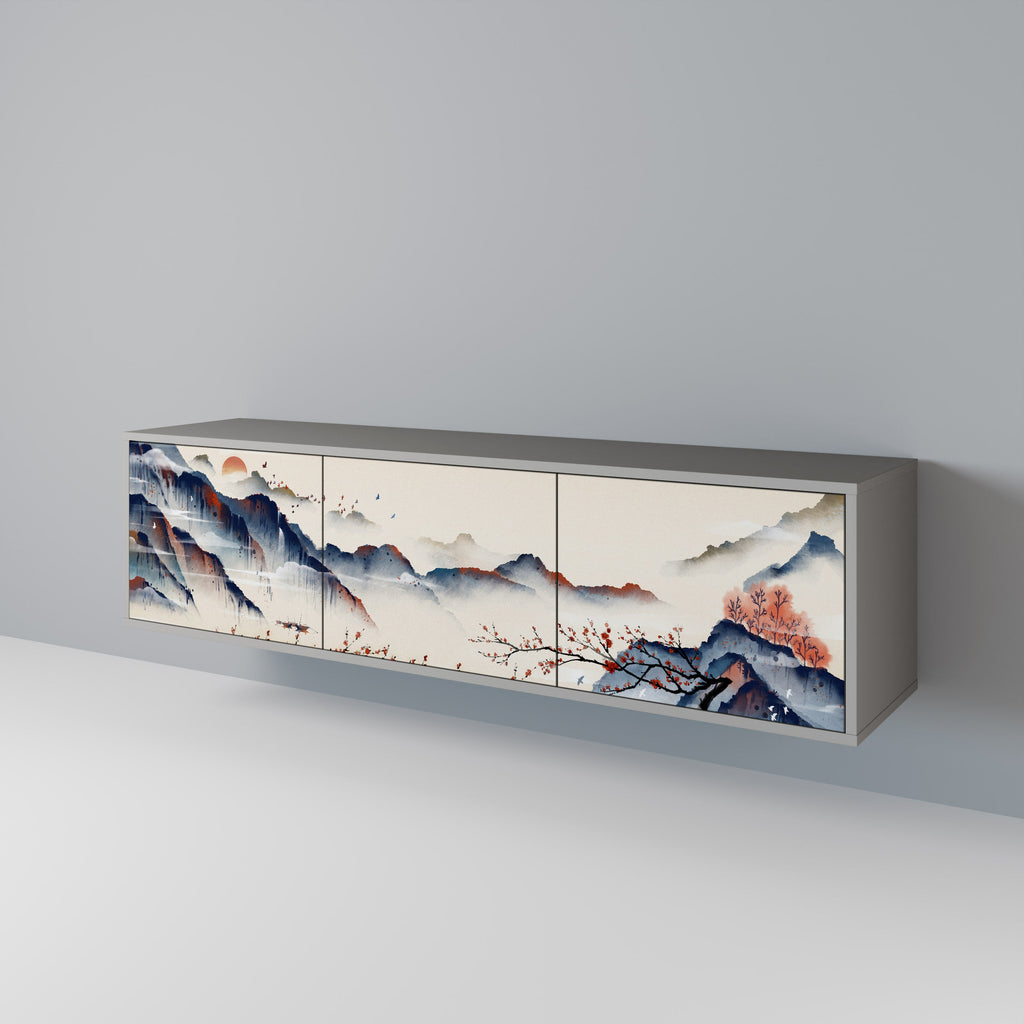 Meuble TV 3 portes PAYSAGE JAPONAIS finition grise