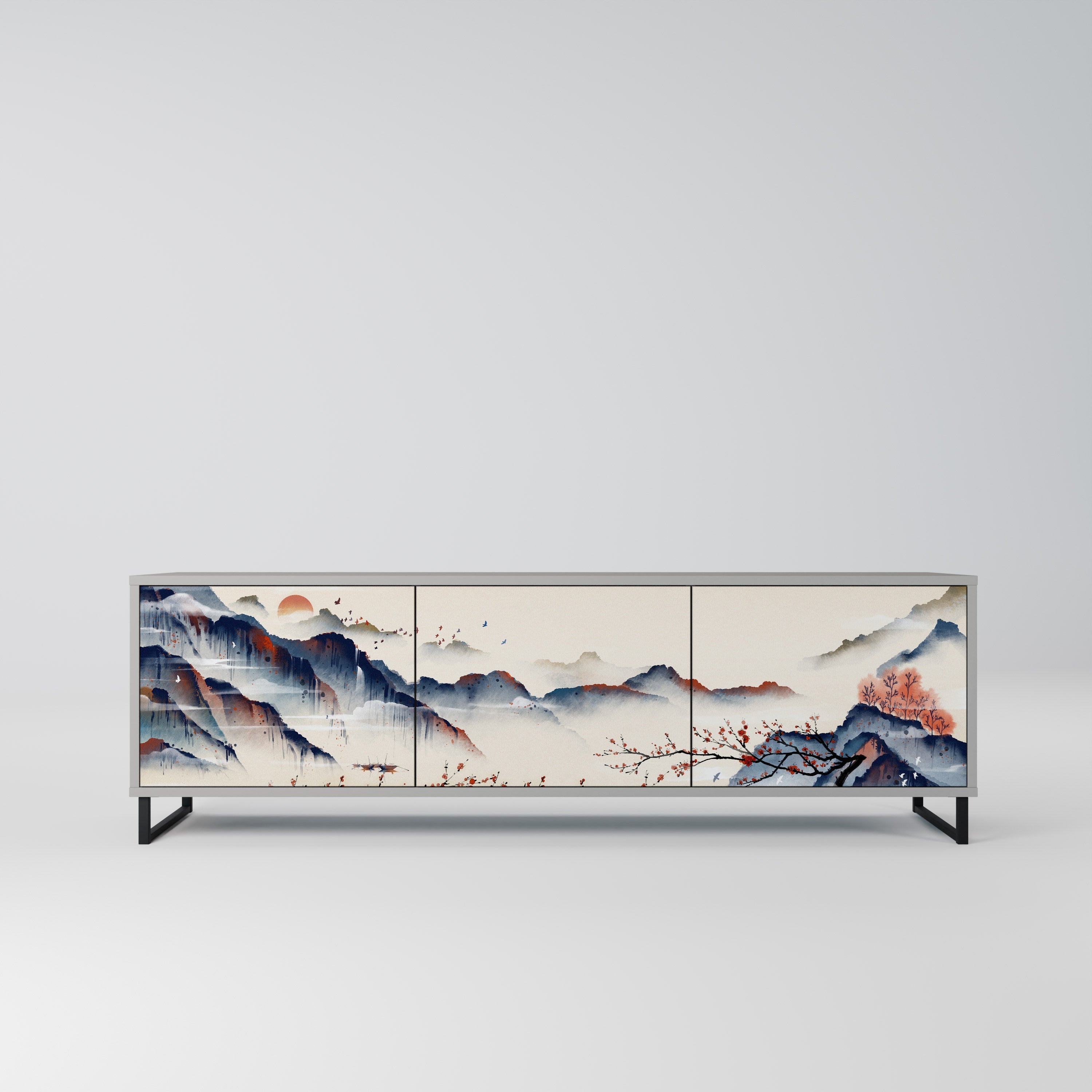 Meuble TV 3 portes PAYSAGE JAPONAIS finition grise