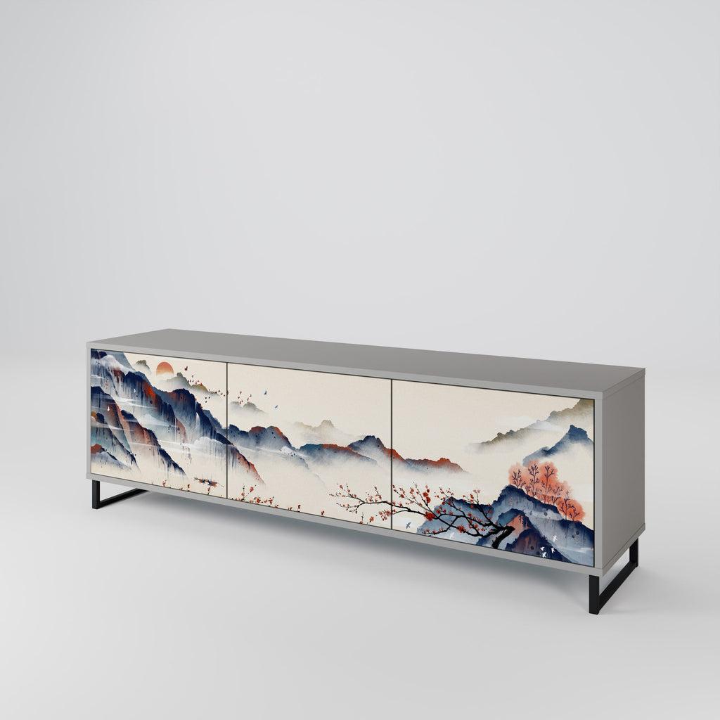 Meuble TV 3 portes PAYSAGE JAPONAIS finition grise