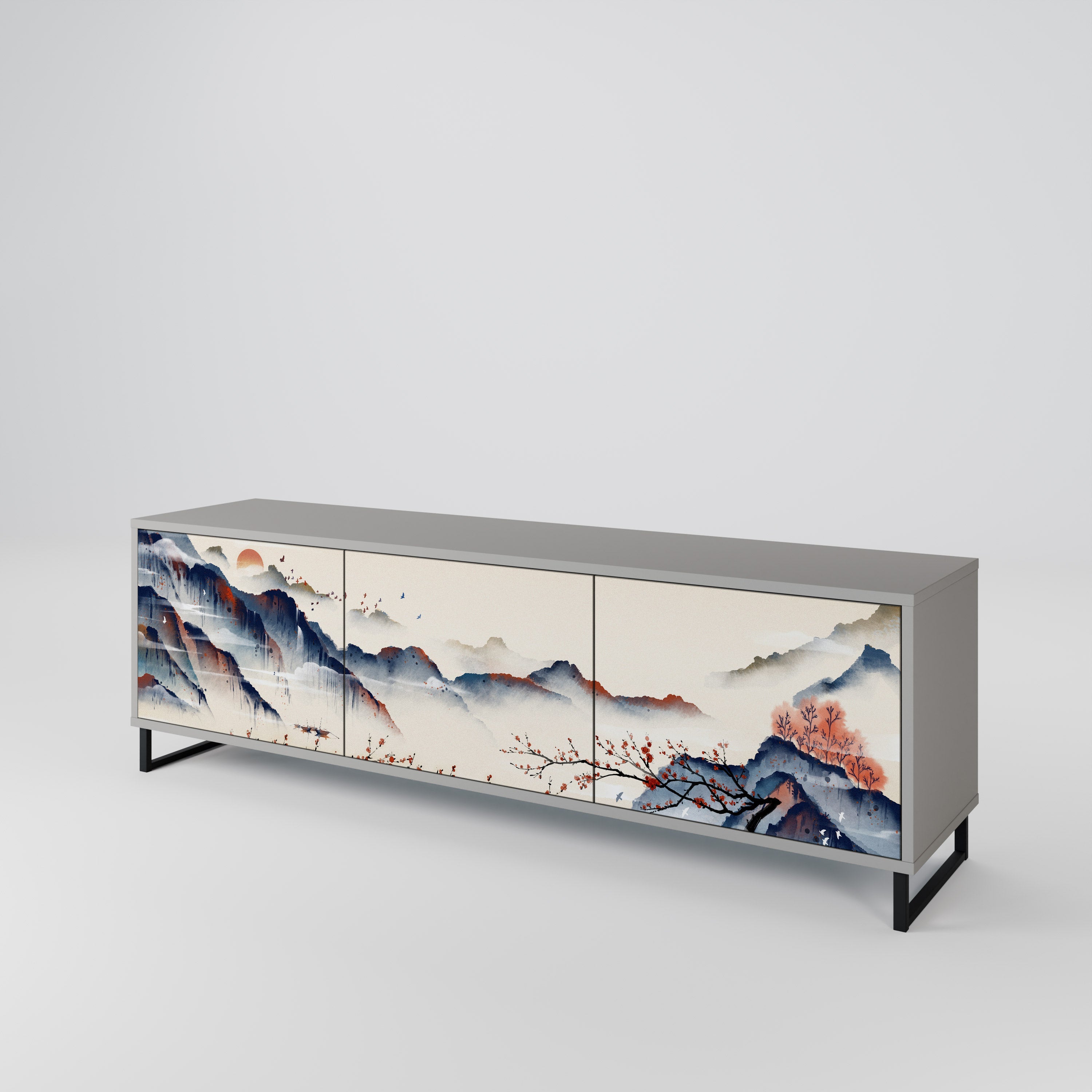 Meuble TV 3 portes PAYSAGE JAPONAIS finition grise