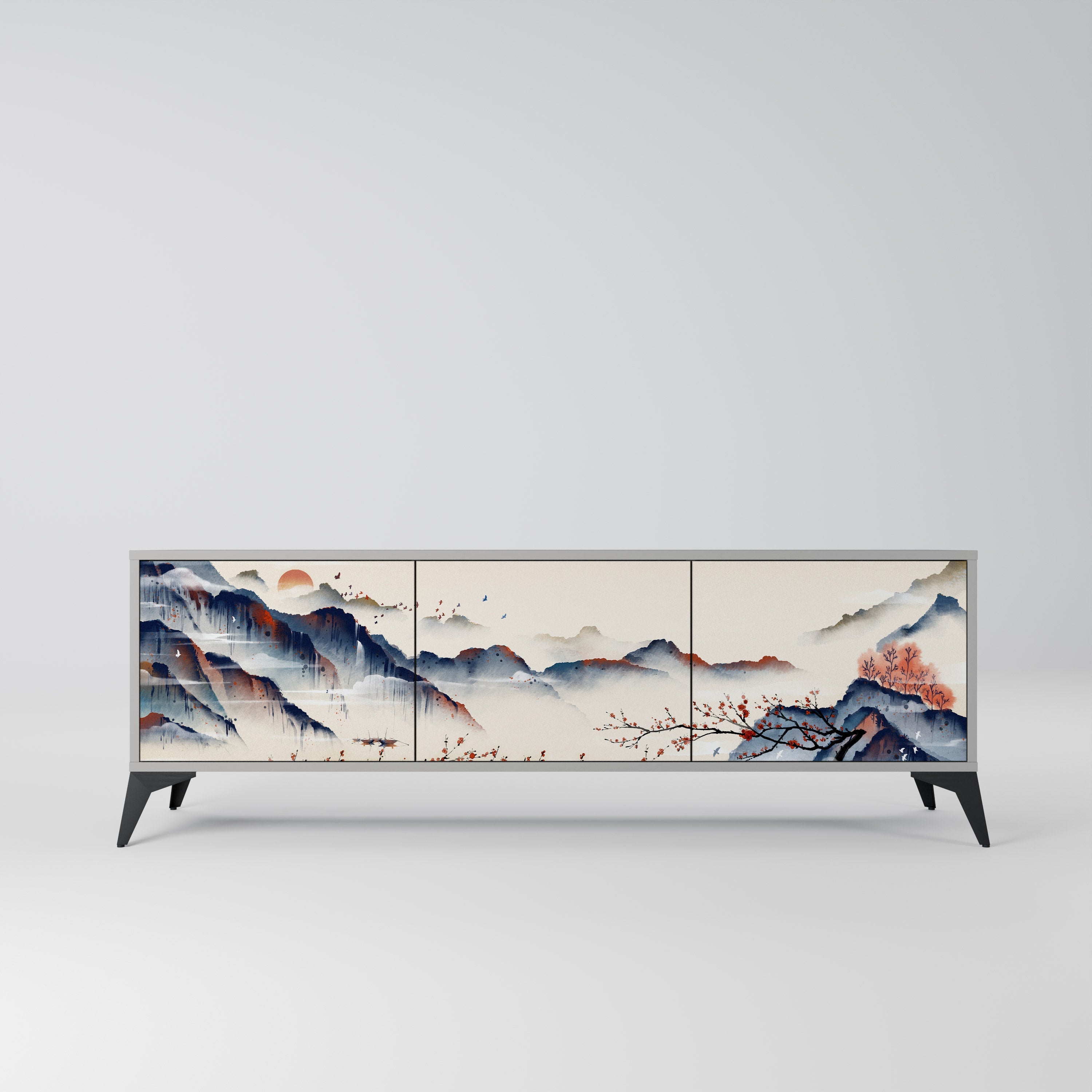 Meuble TV 3 portes PAYSAGE JAPONAIS finition grise