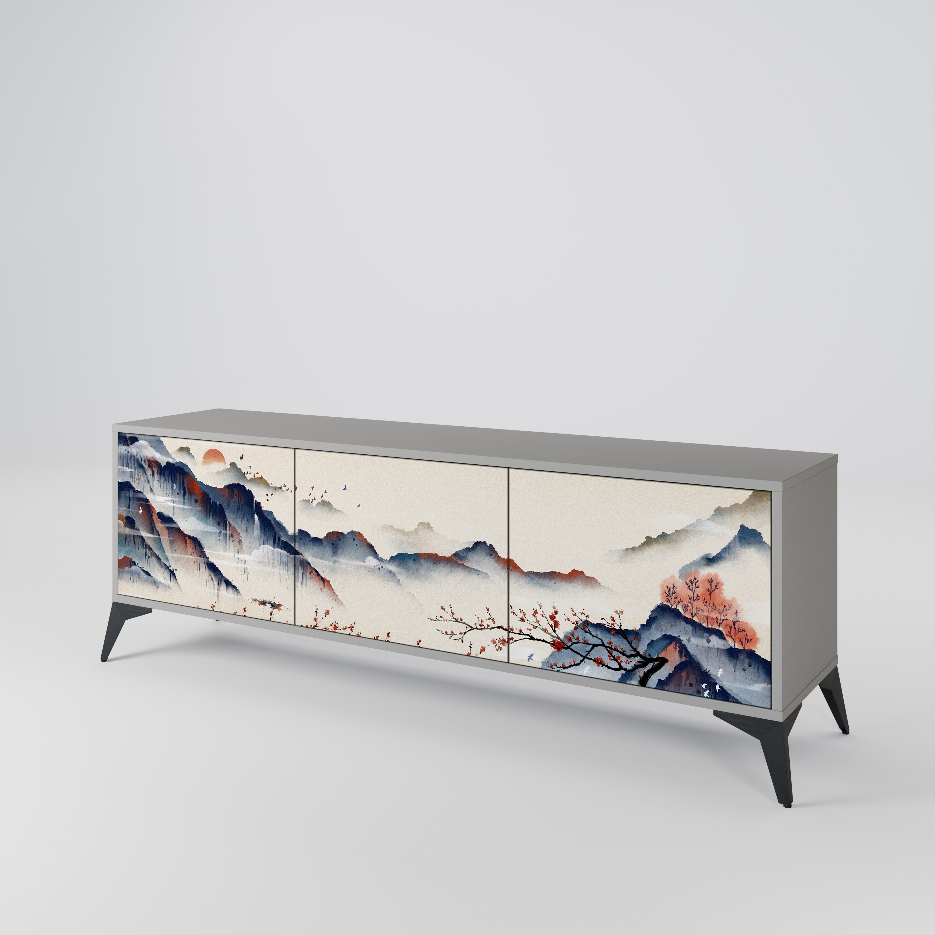 Meuble TV 3 portes PAYSAGE JAPONAIS finition grise