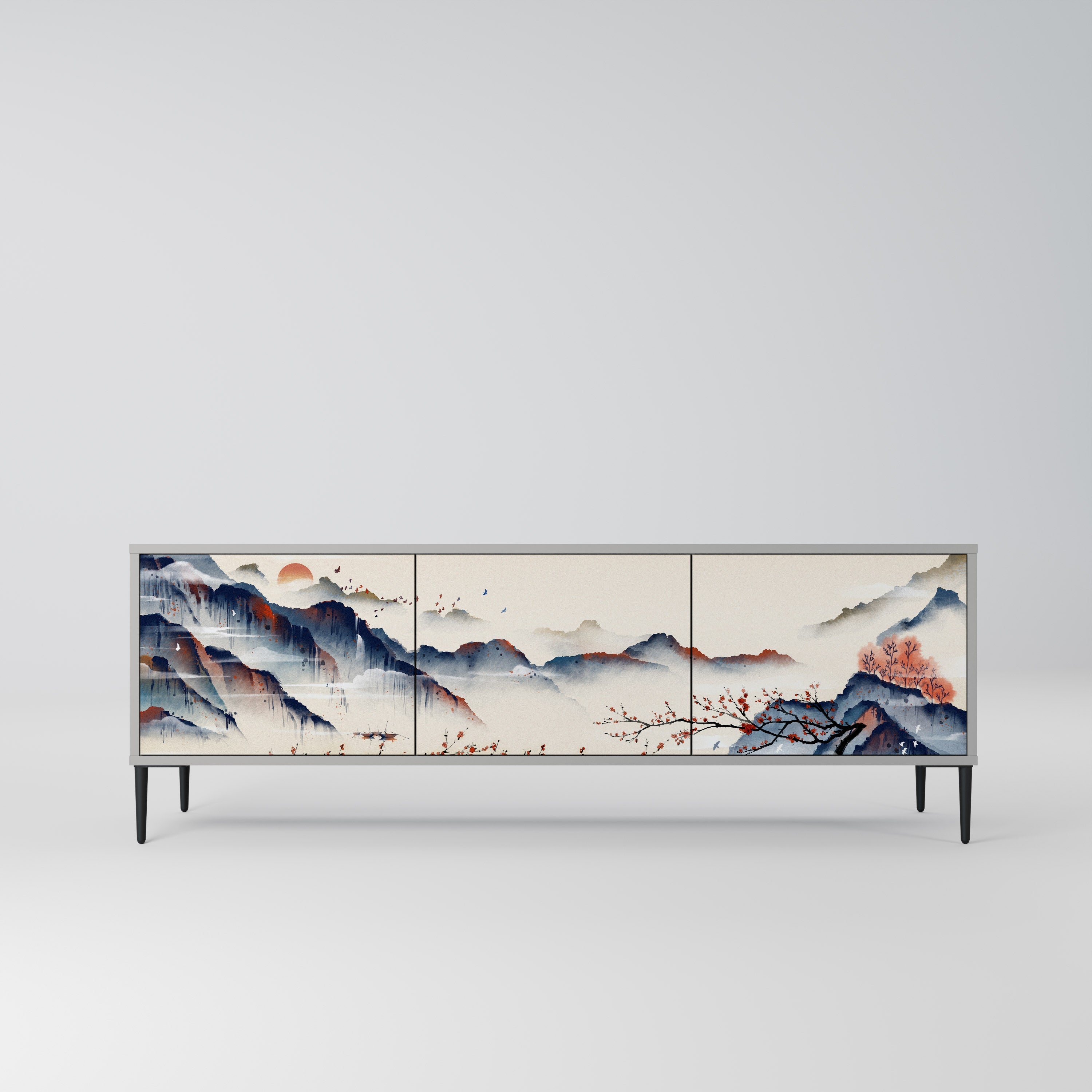 Meuble TV 3 portes PAYSAGE JAPONAIS finition grise