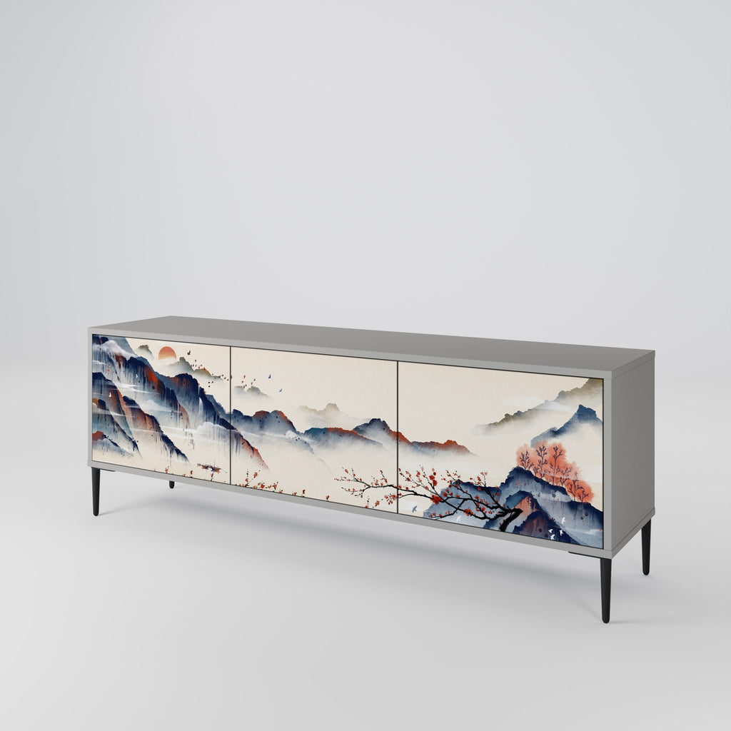 Meuble TV 3 portes PAYSAGE JAPONAIS finition grise