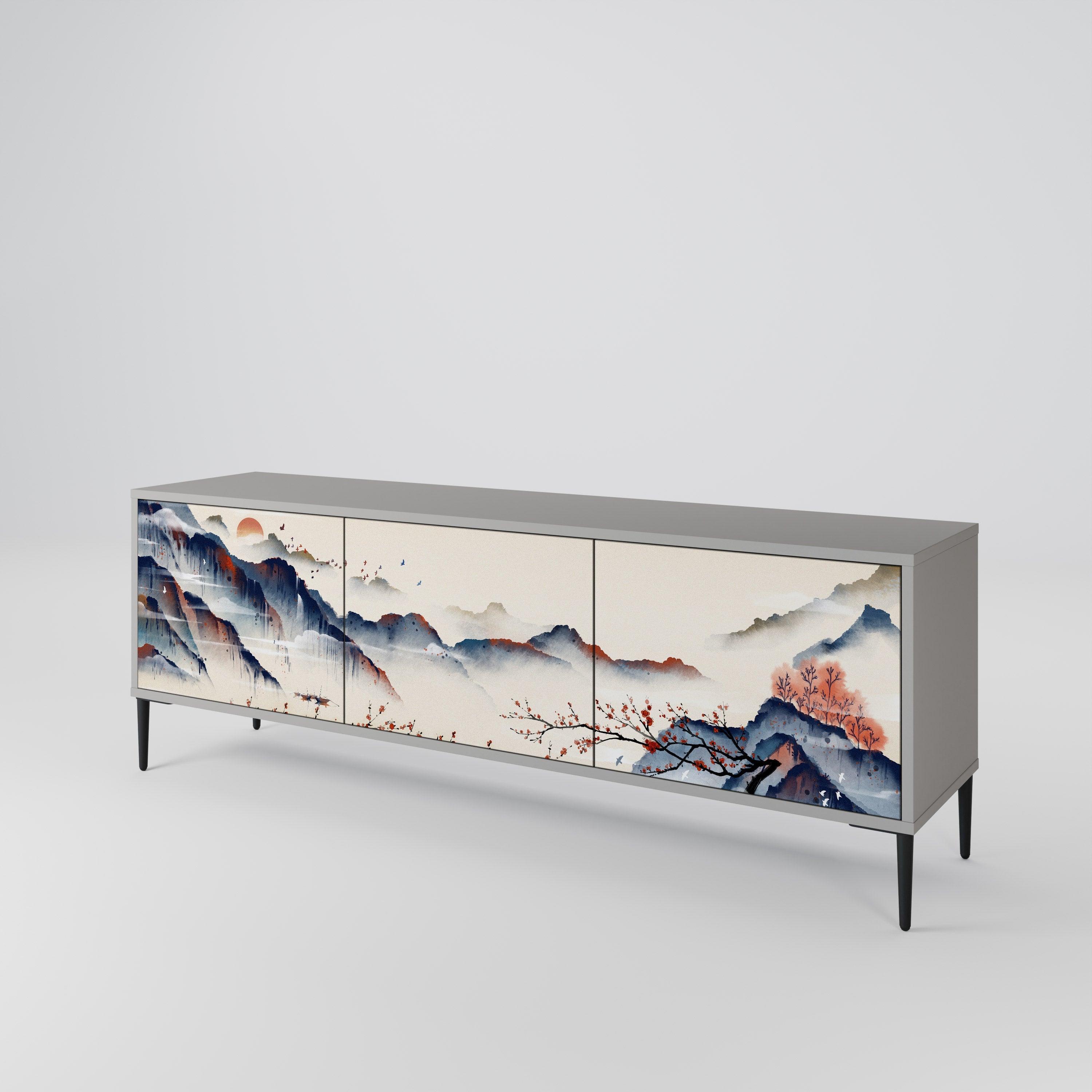 Meuble TV 3 portes PAYSAGE JAPONAIS finition grise