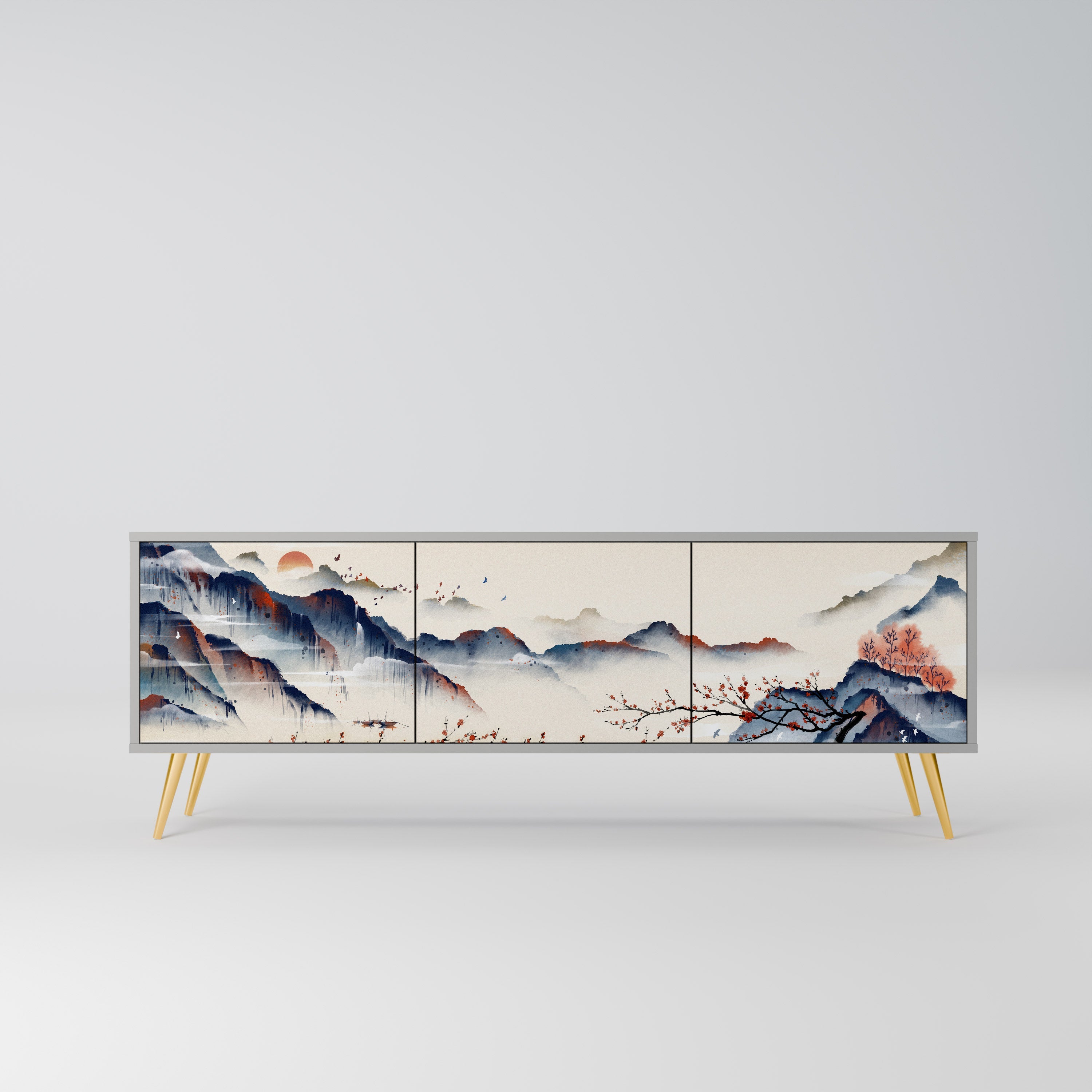 Meuble TV 3 portes PAYSAGE JAPONAIS finition grise