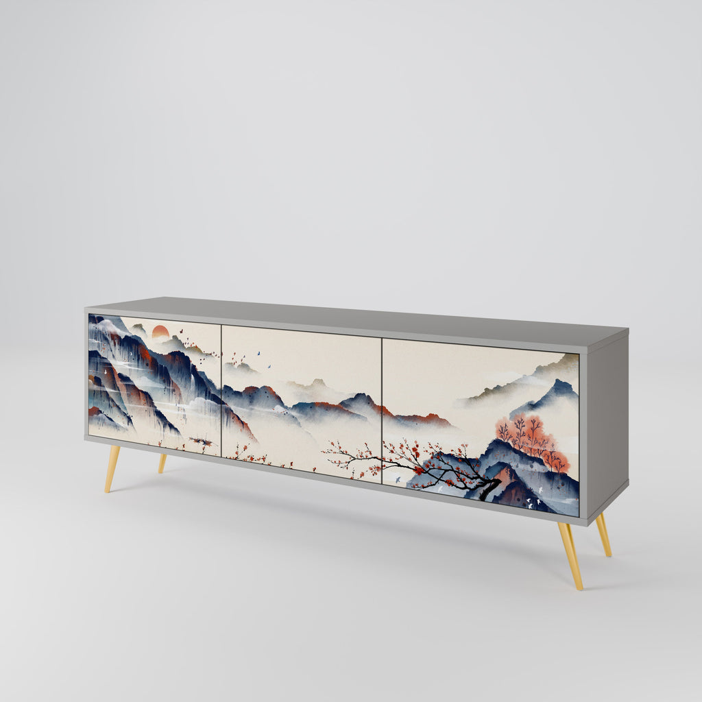 Meuble TV 3 portes PAYSAGE JAPONAIS finition grise