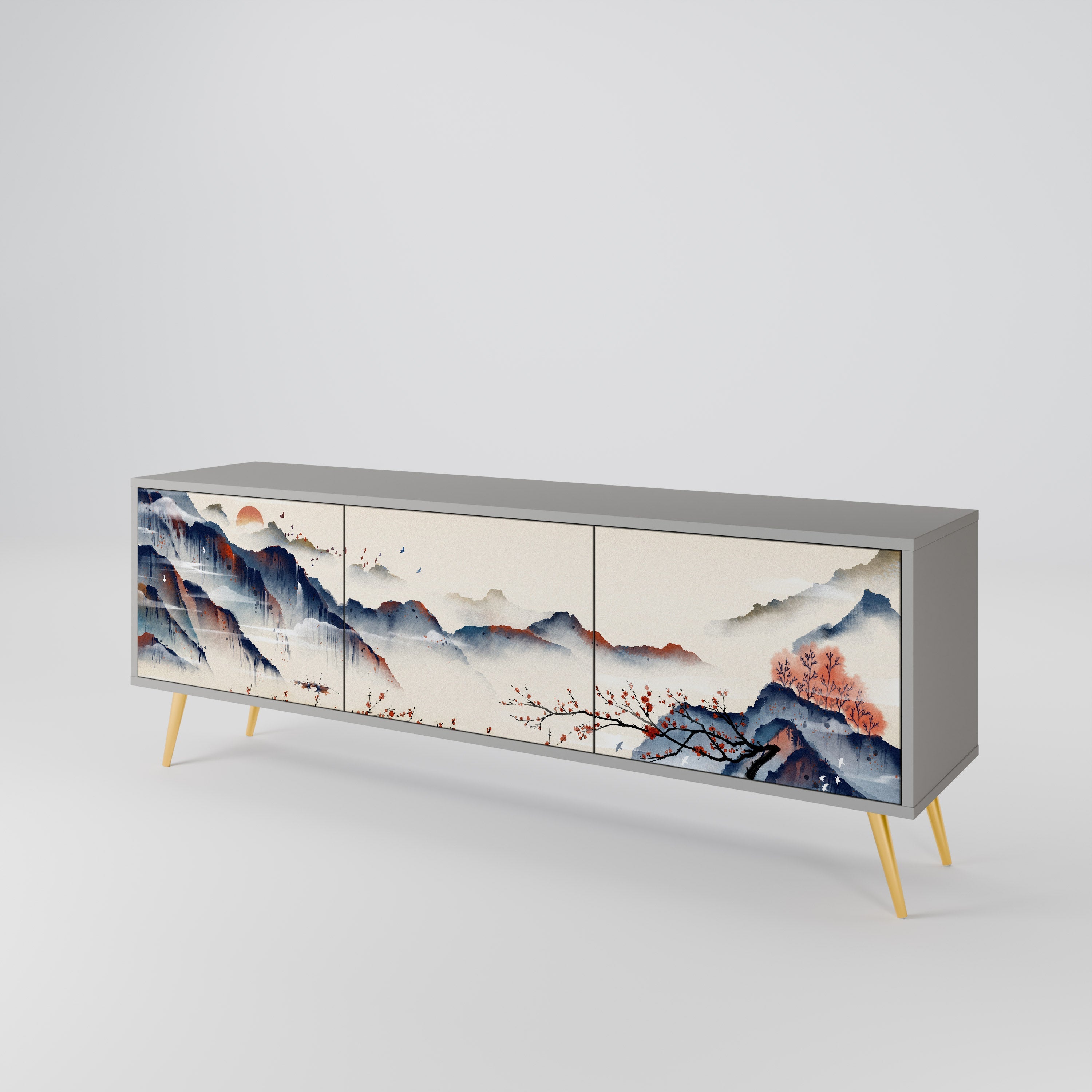 Meuble TV 3 portes PAYSAGE JAPONAIS finition grise