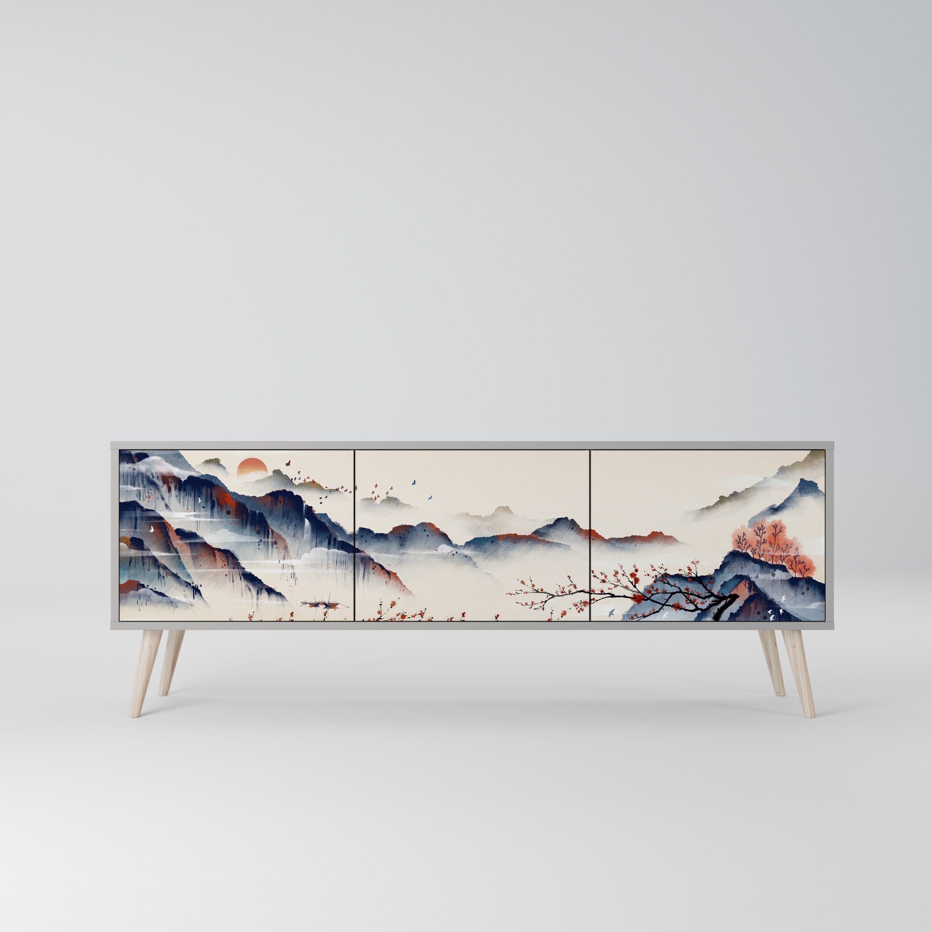 Meuble TV 3 portes PAYSAGE JAPONAIS finition grise