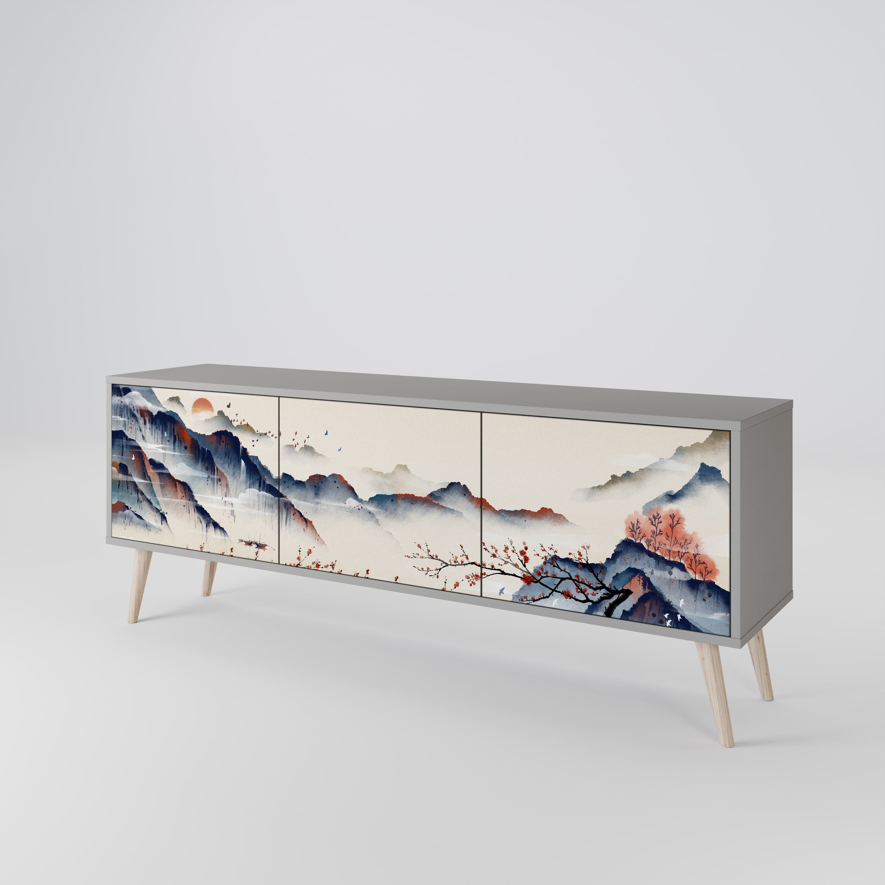 Meuble TV 3 portes PAYSAGE JAPONAIS finition grise