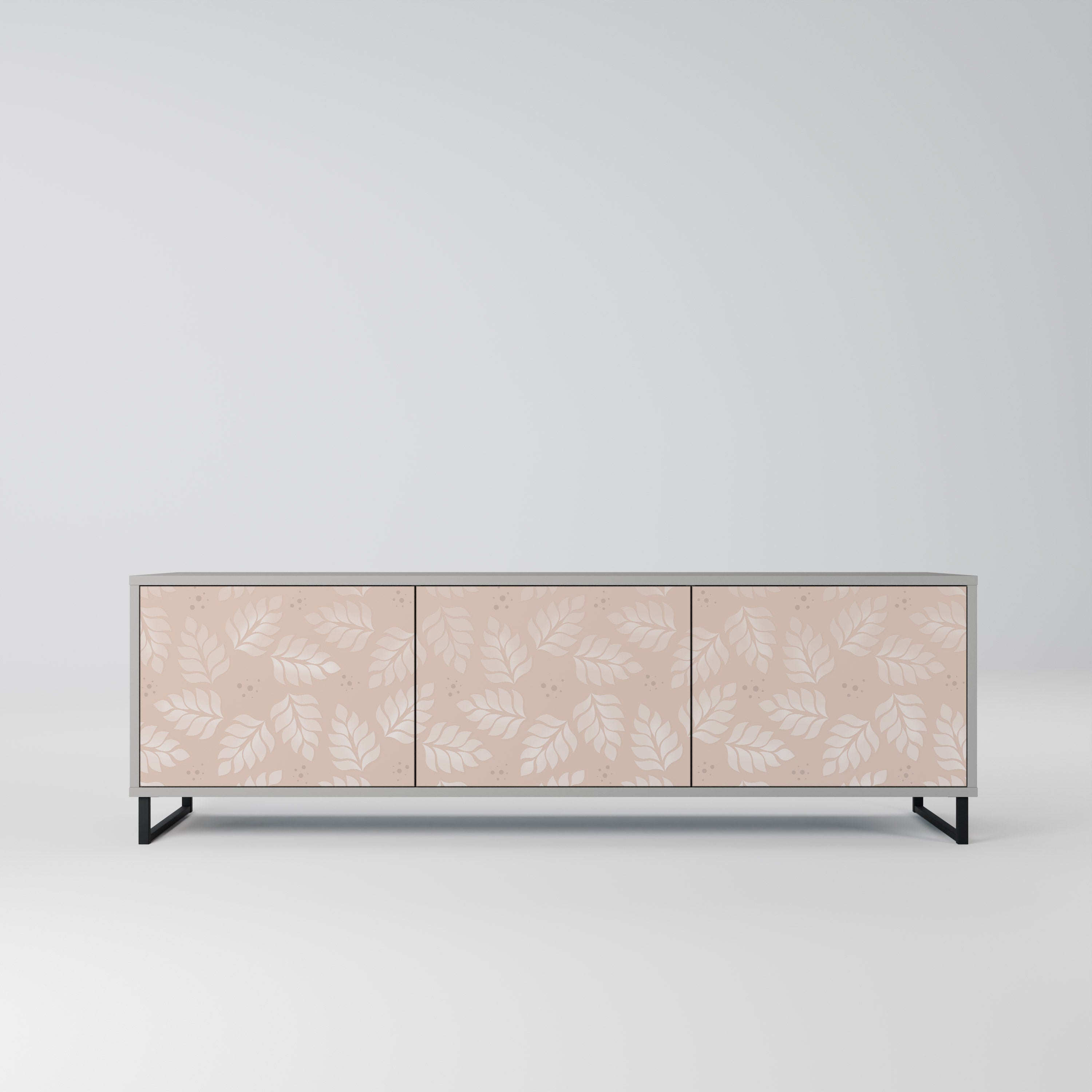 Meuble TV 3 portes LEAVES ON BEIGE, finition grise