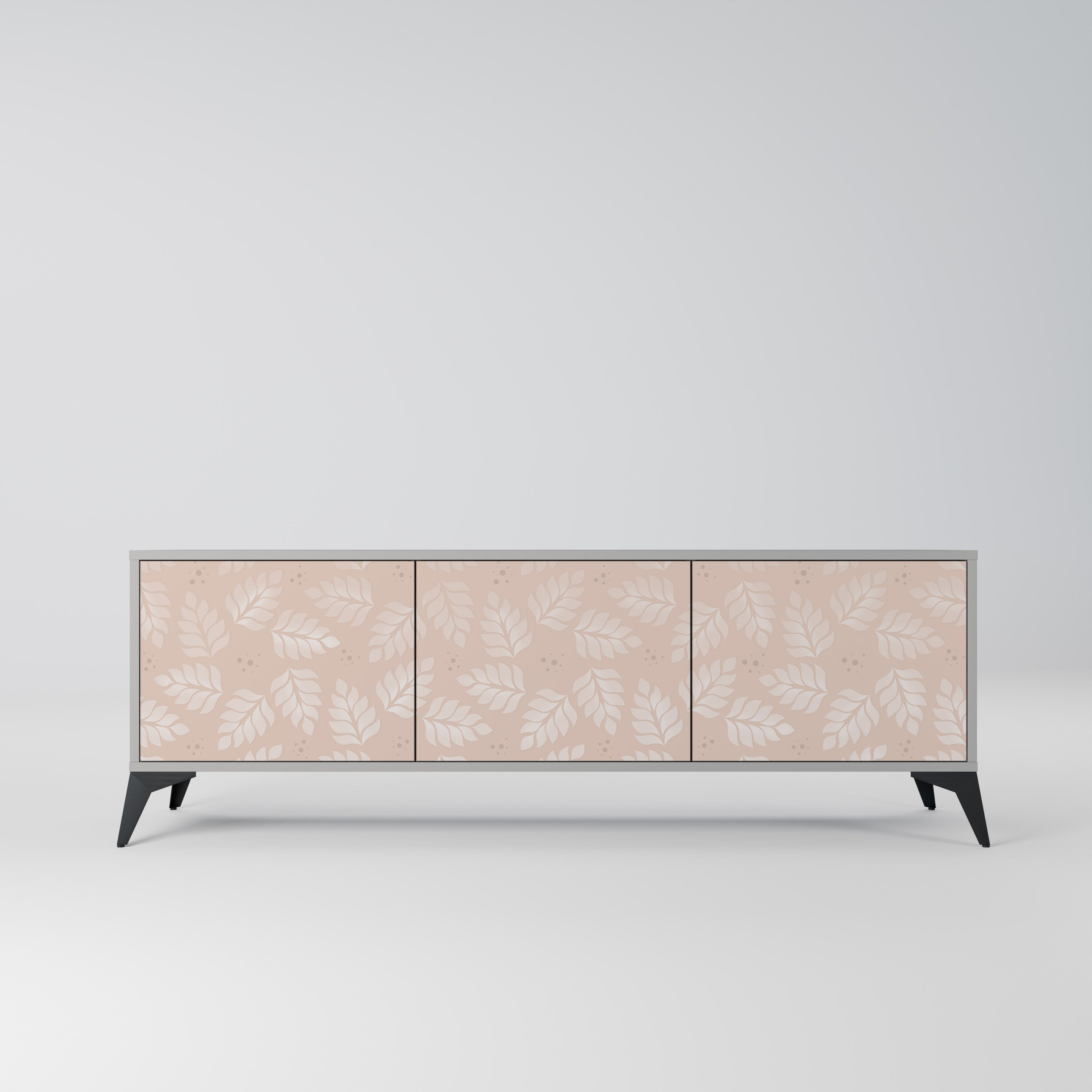 Meuble TV 3 portes LEAVES ON BEIGE, finition grise