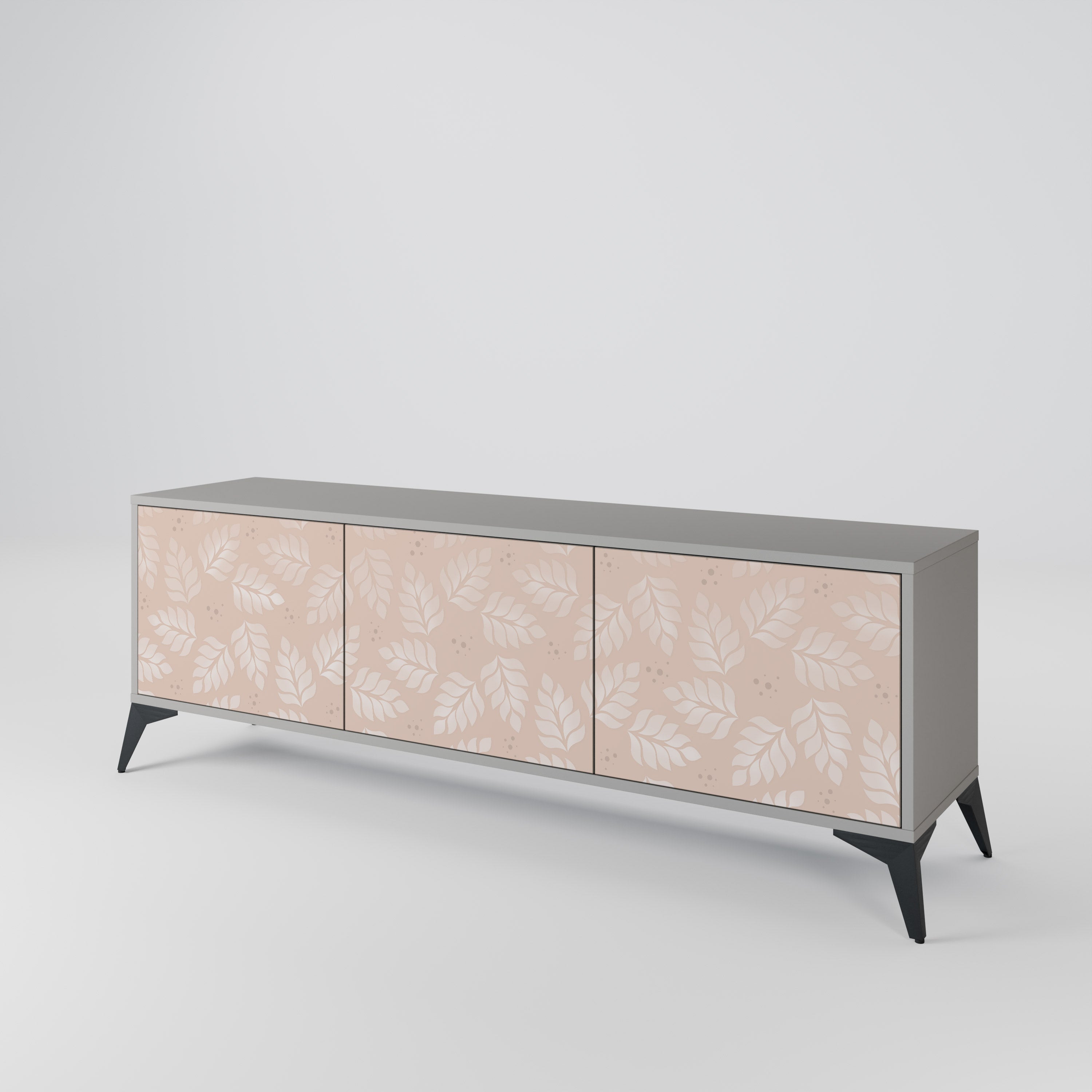 Meuble TV 3 portes LEAVES ON BEIGE, finition grise