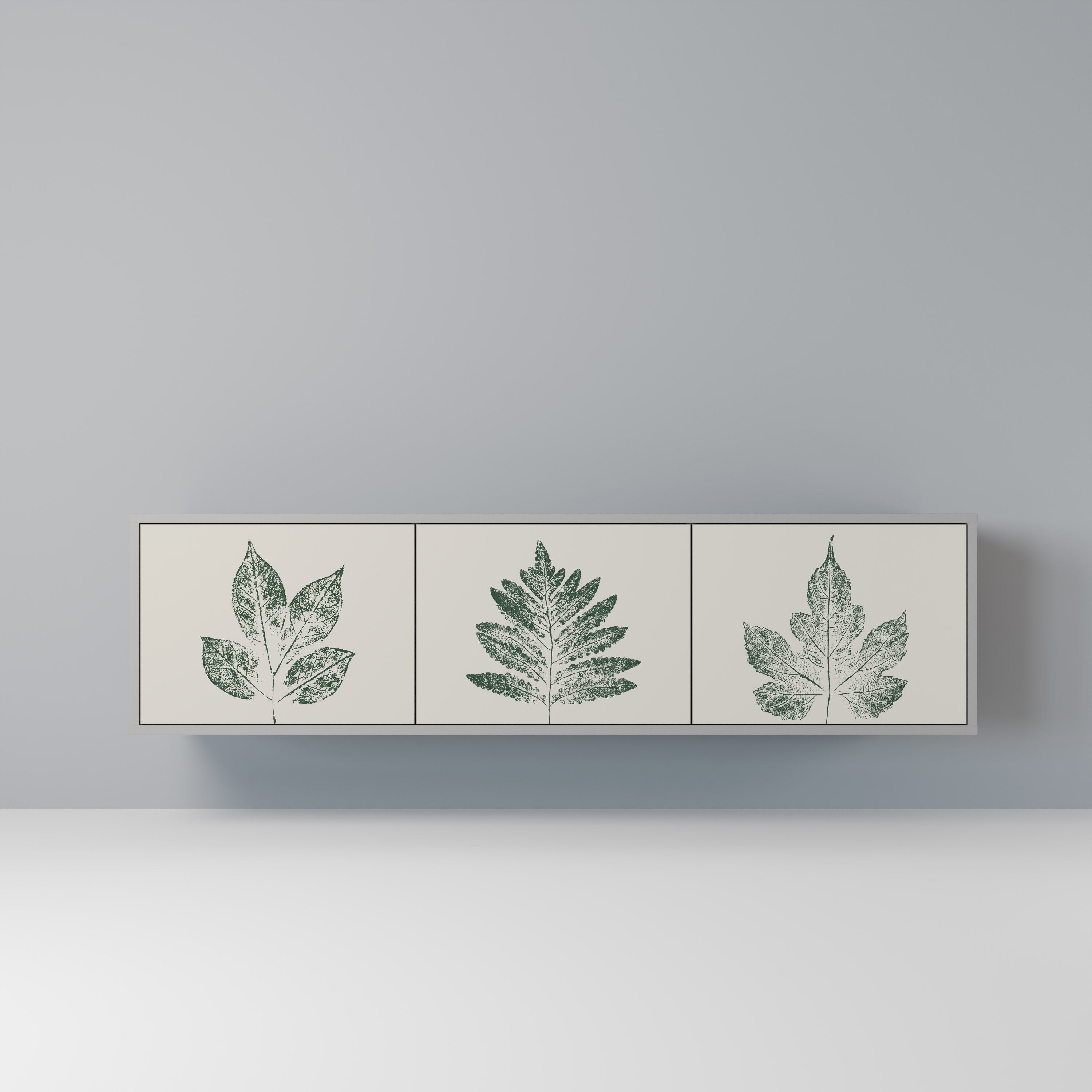 Meuble TV 3 portes GREEN LEAFY STAMPS, finition grise