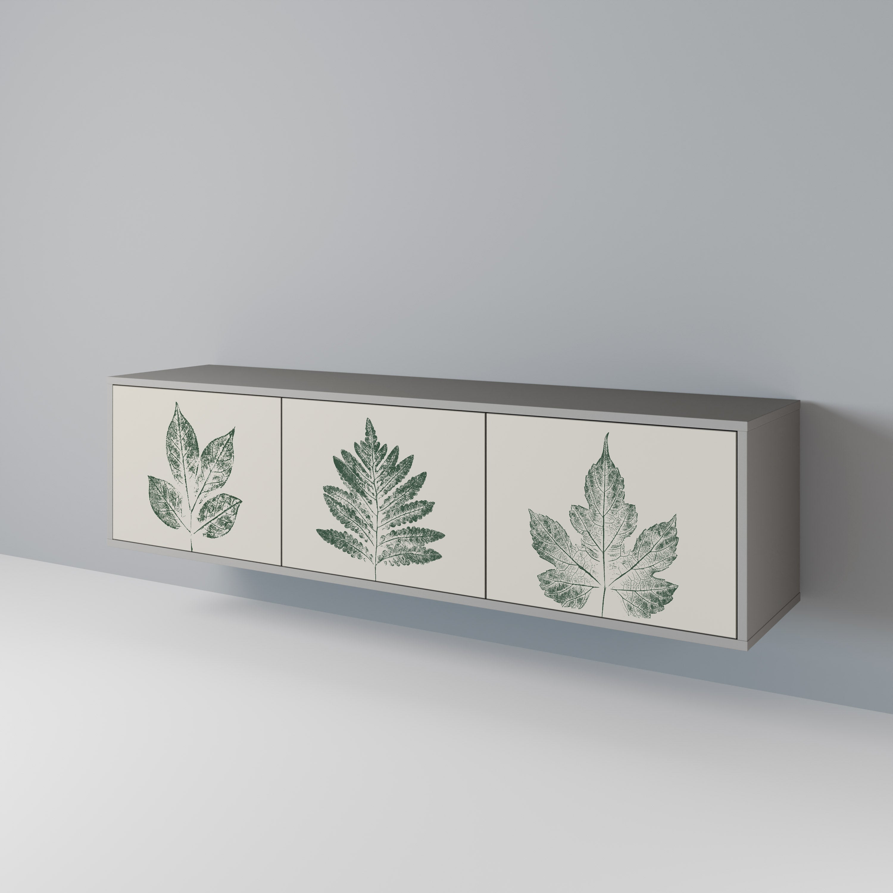 Meuble TV 3 portes GREEN LEAFY STAMPS, finition grise