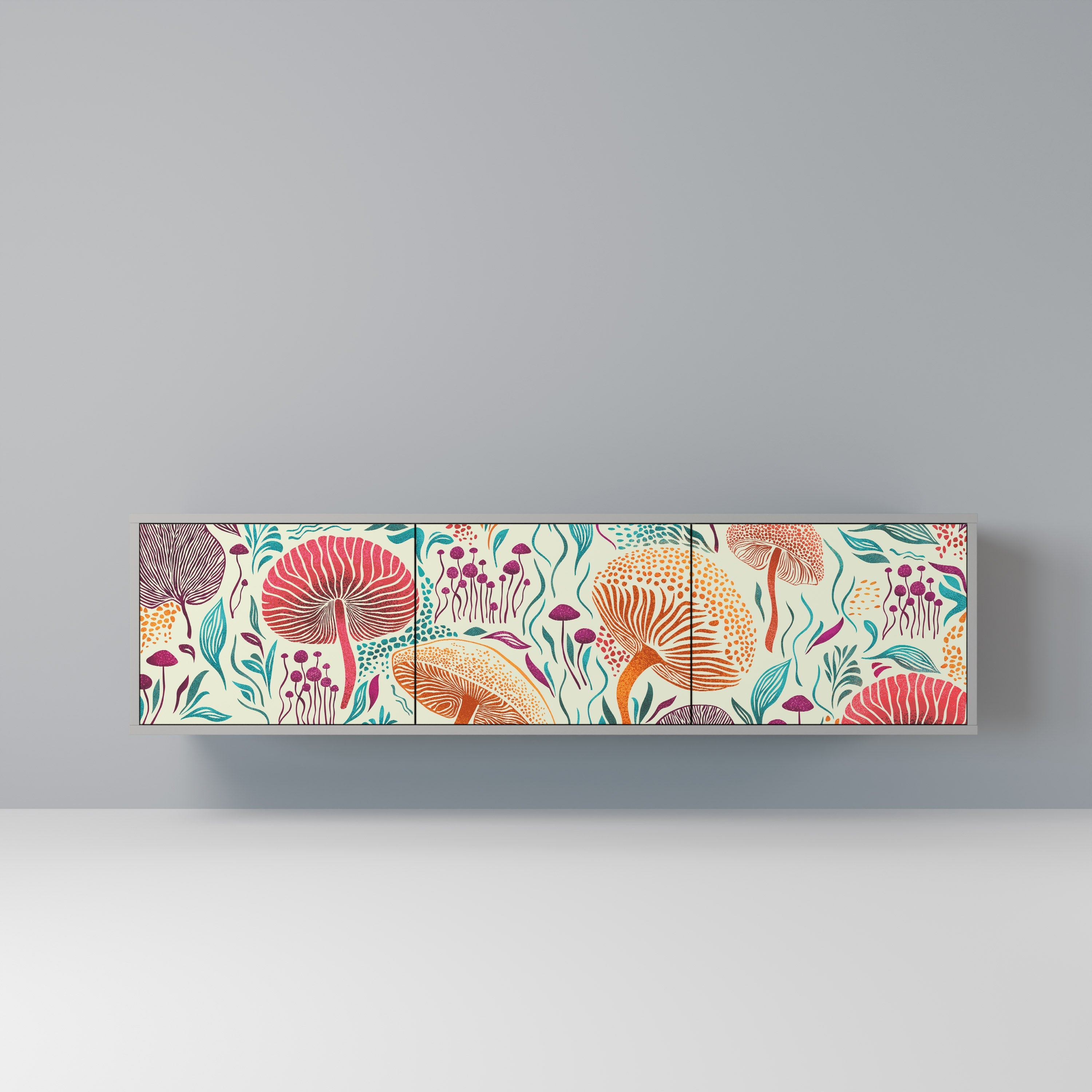 Meuble TV 3 portes FUNGUS FANTASY, finition grise