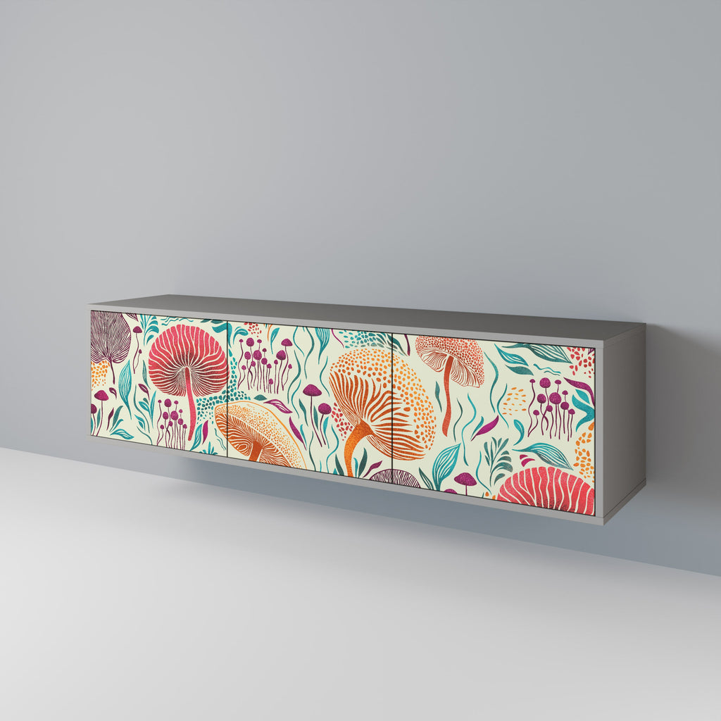 Meuble TV 3 portes FUNGUS FANTASY, finition grise