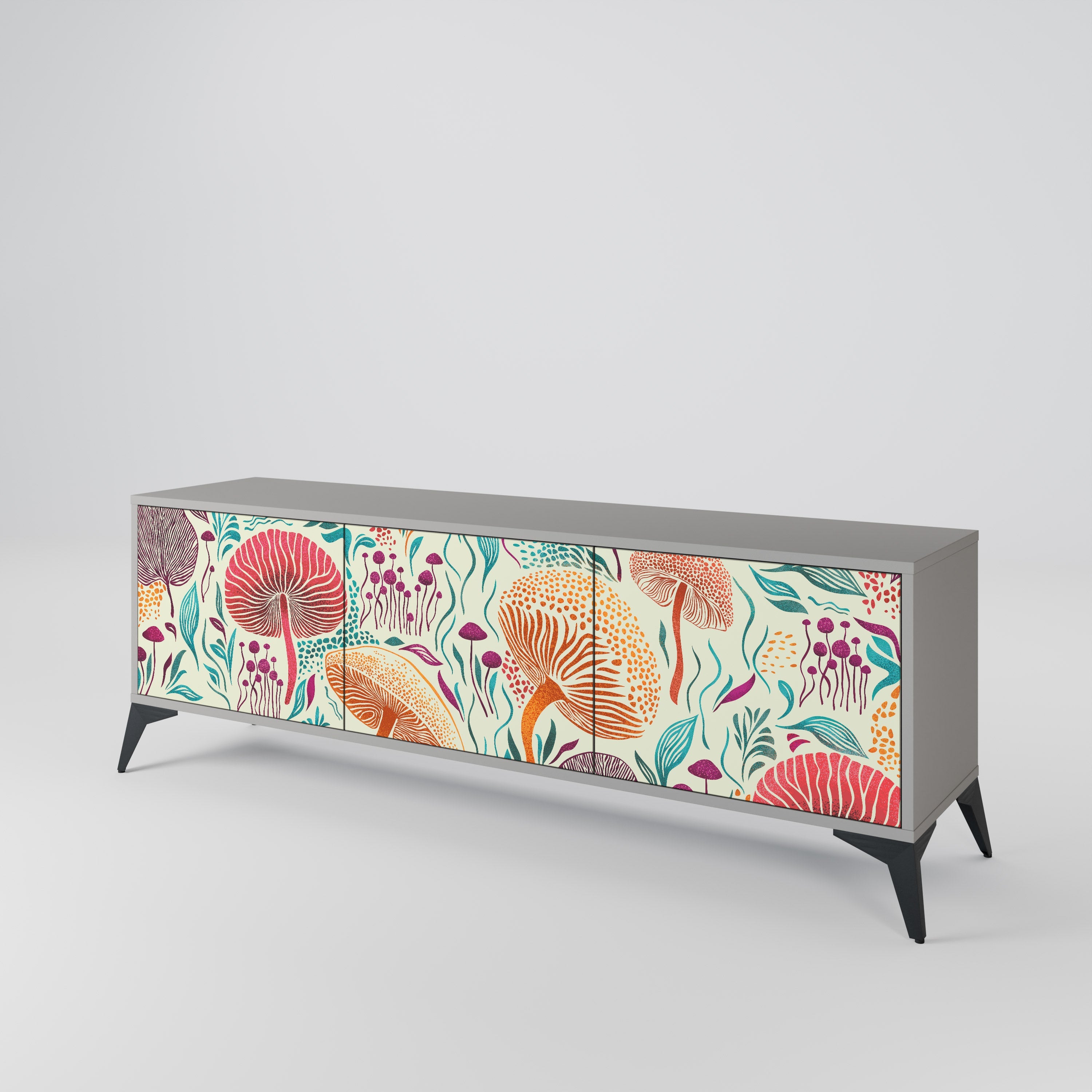 Meuble TV 3 portes FUNGUS FANTASY, finition grise