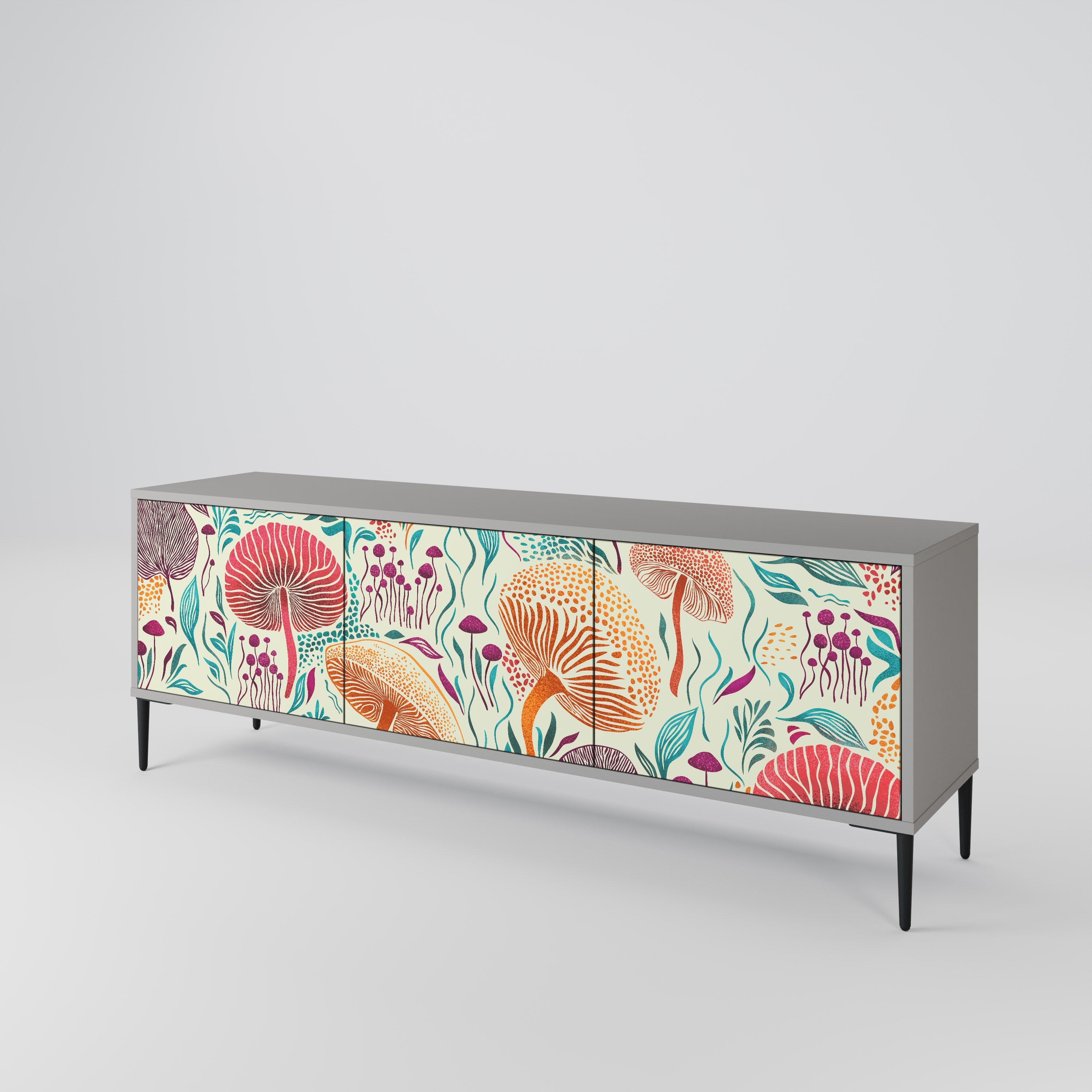 Meuble TV 3 portes FUNGUS FANTASY, finition grise