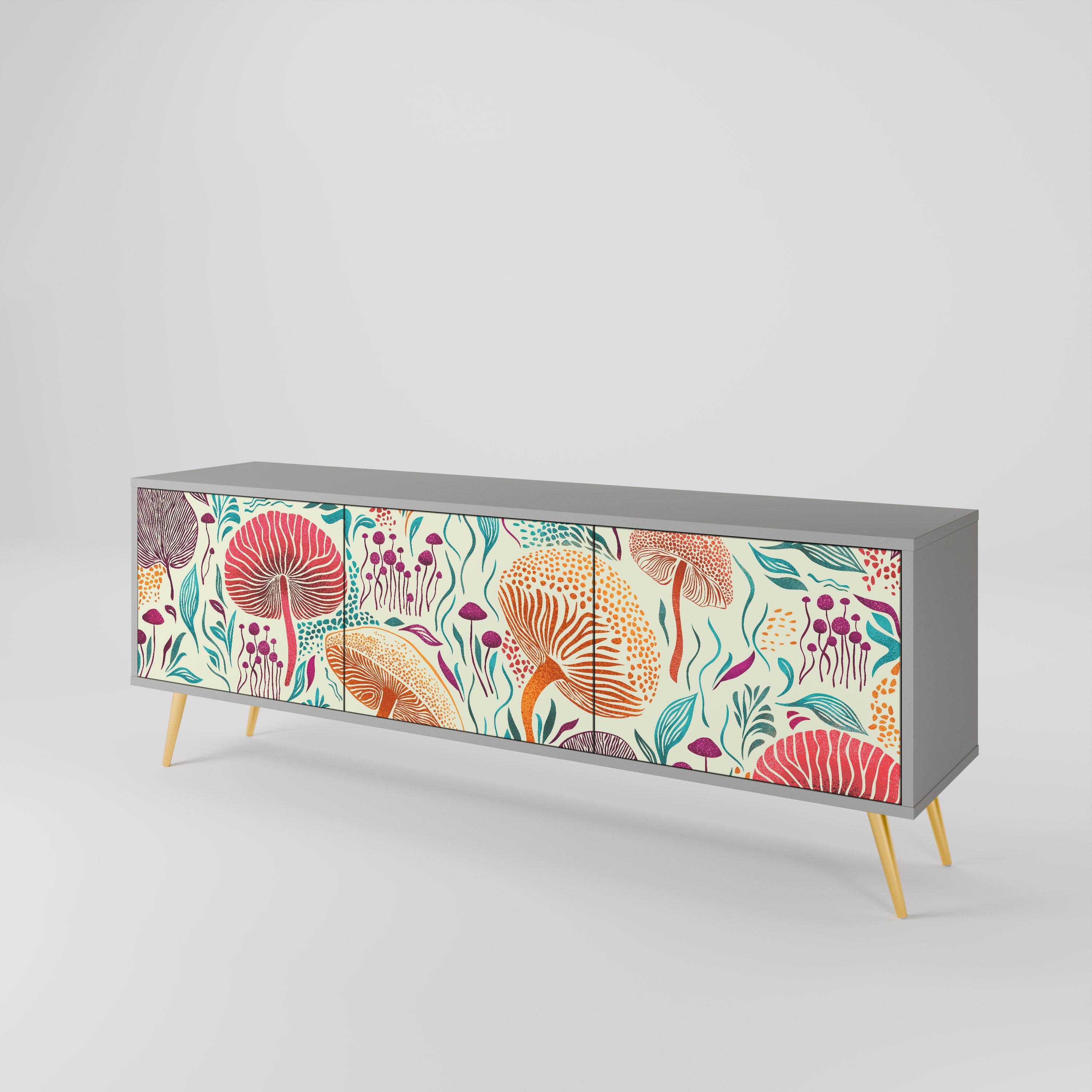 Meuble TV 3 portes FUNGUS FANTASY, finition grise