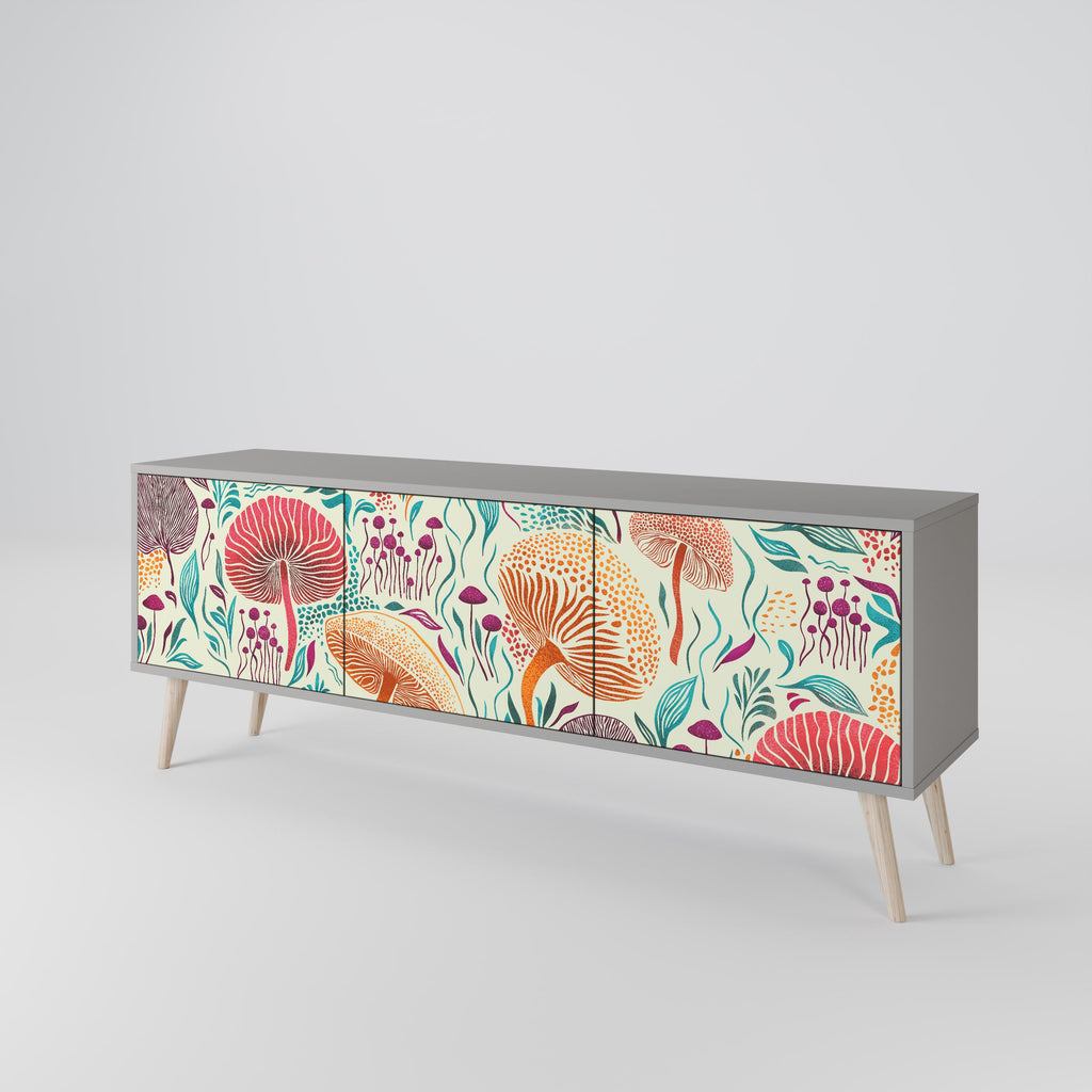 Meuble TV 3 portes FUNGUS FANTASY, finition grise