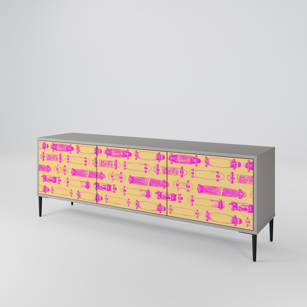 Meuble TV 3 portes SKATEBOARD ARTISTRY, finition grise