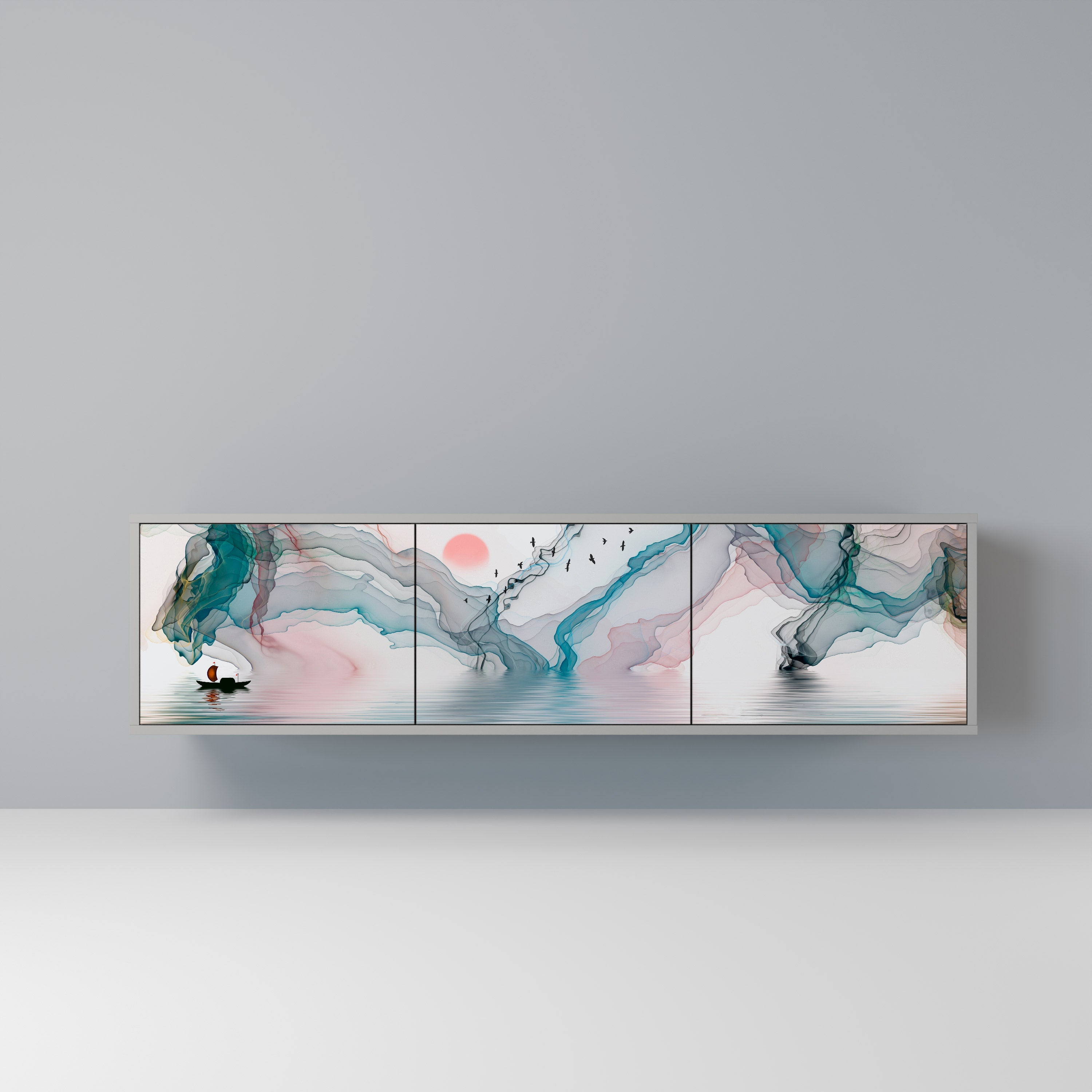 Meuble TV 3 portes VELVET CROSSING, finition grise