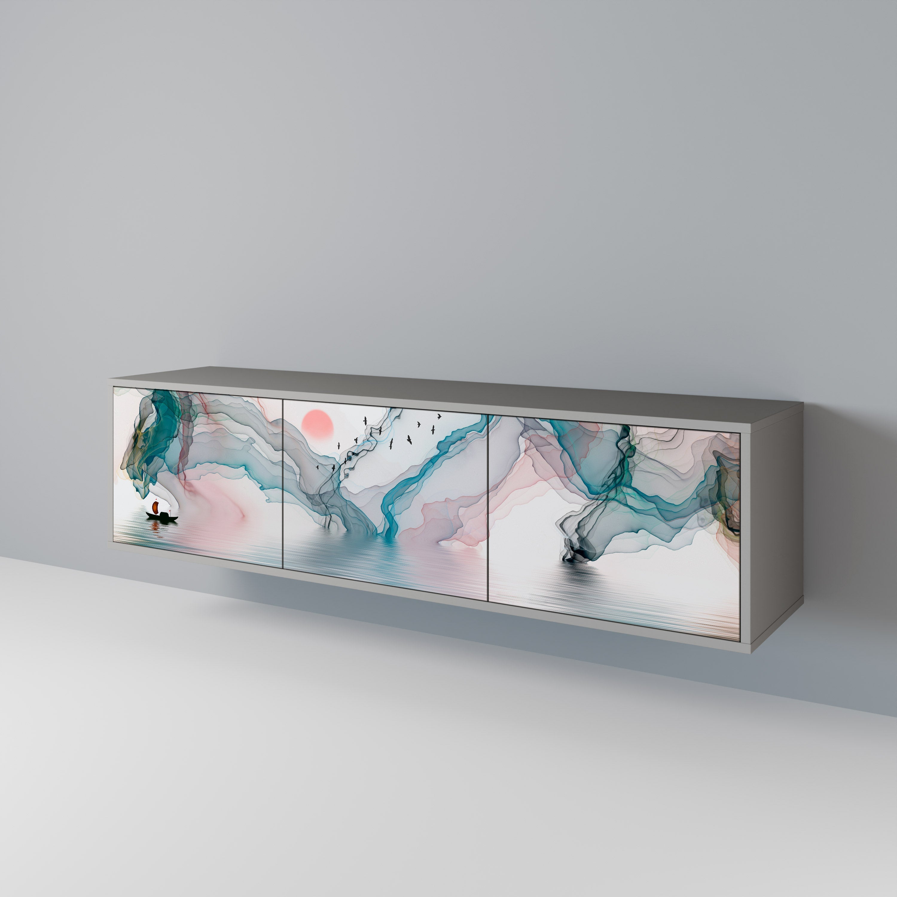 Meuble TV 3 portes VELVET CROSSING, finition grise