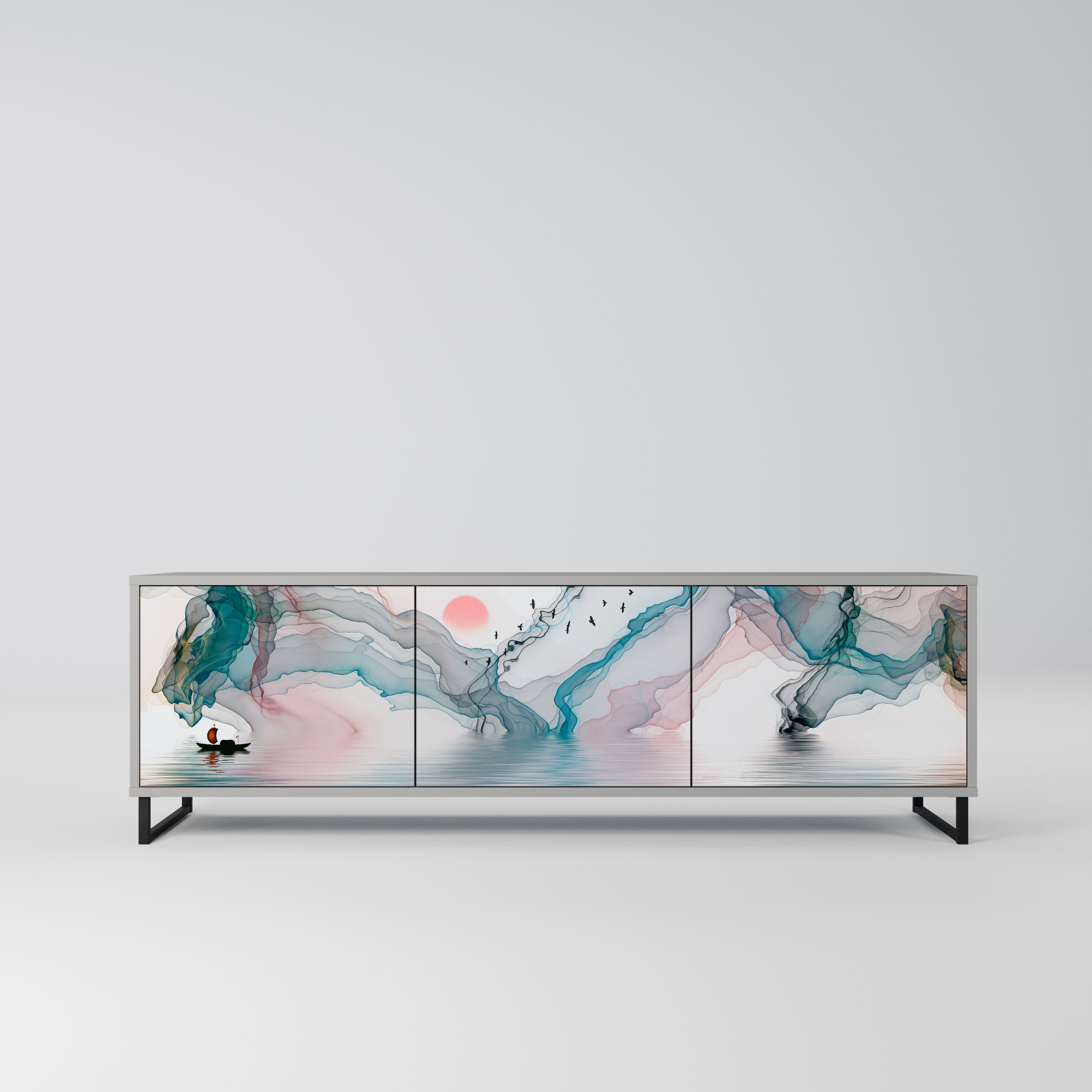 Meuble TV 3 portes VELVET CROSSING, finition grise