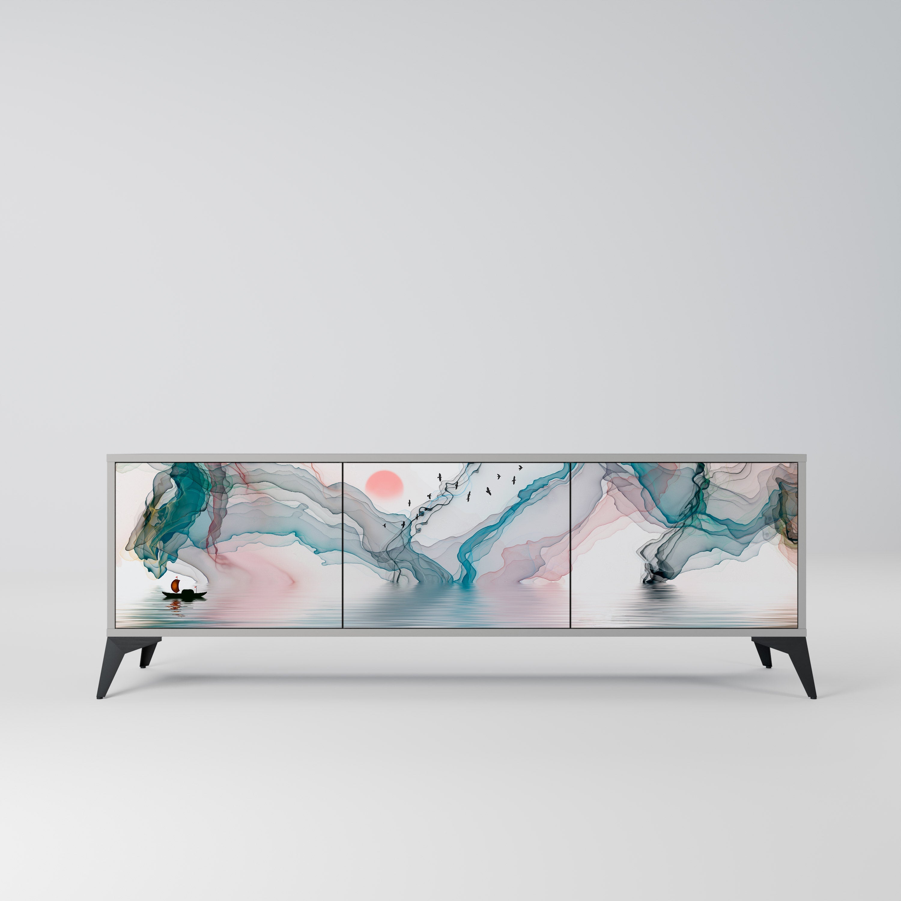 Meuble TV 3 portes VELVET CROSSING, finition grise