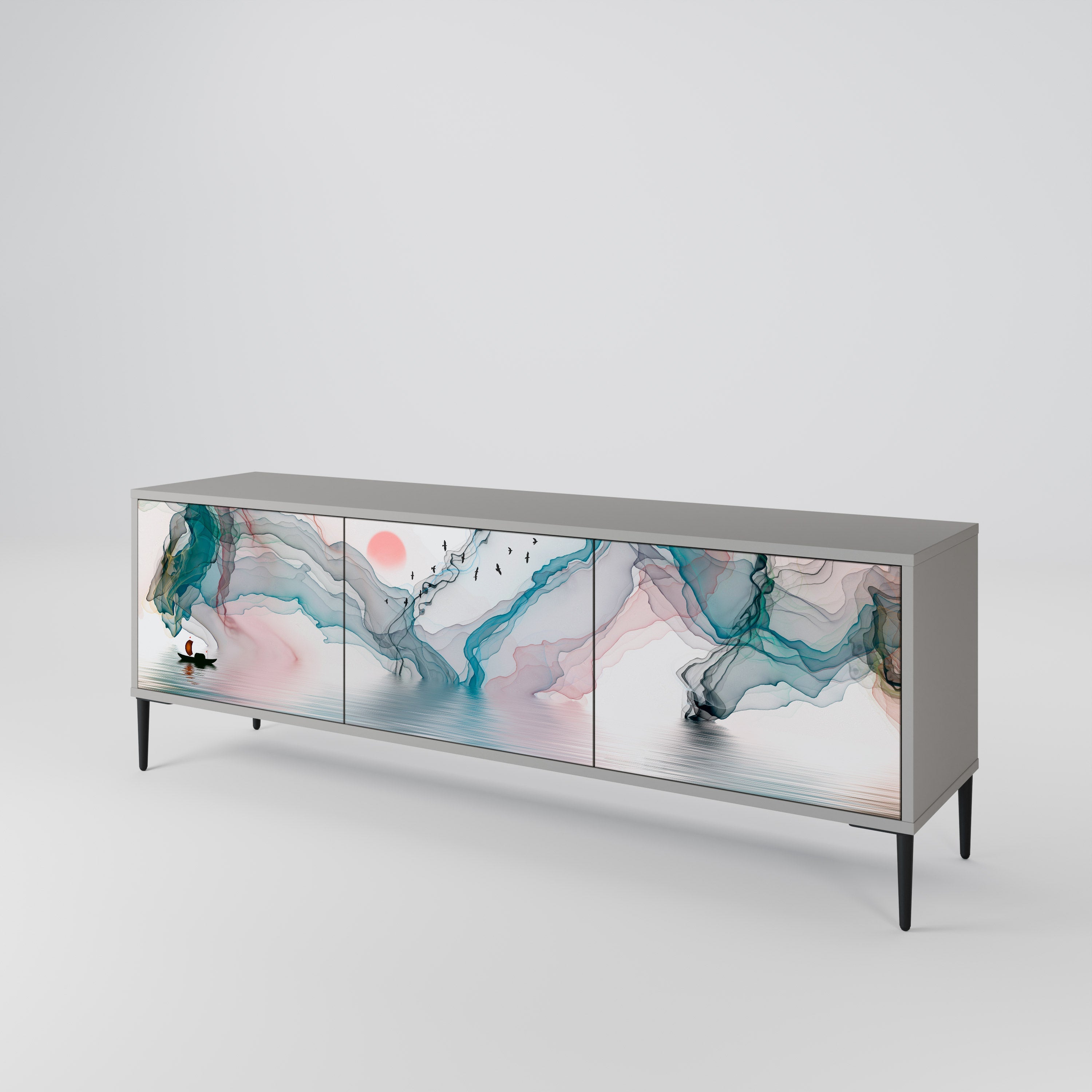 Meuble TV 3 portes VELVET CROSSING, finition grise