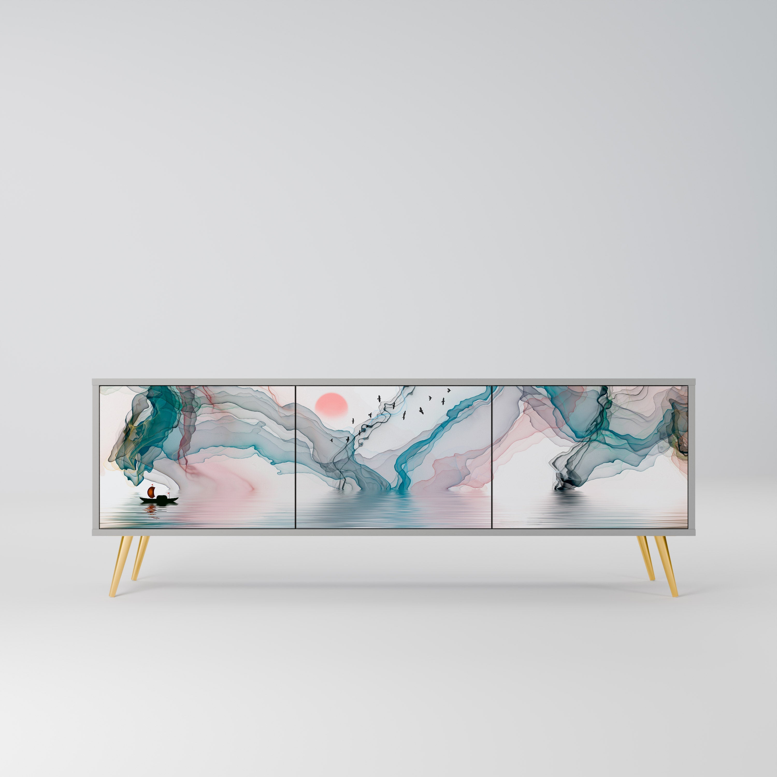 Meuble TV 3 portes VELVET CROSSING, finition grise