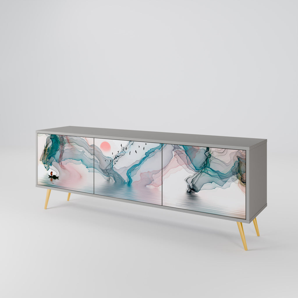 Meuble TV 3 portes VELVET CROSSING, finition grise