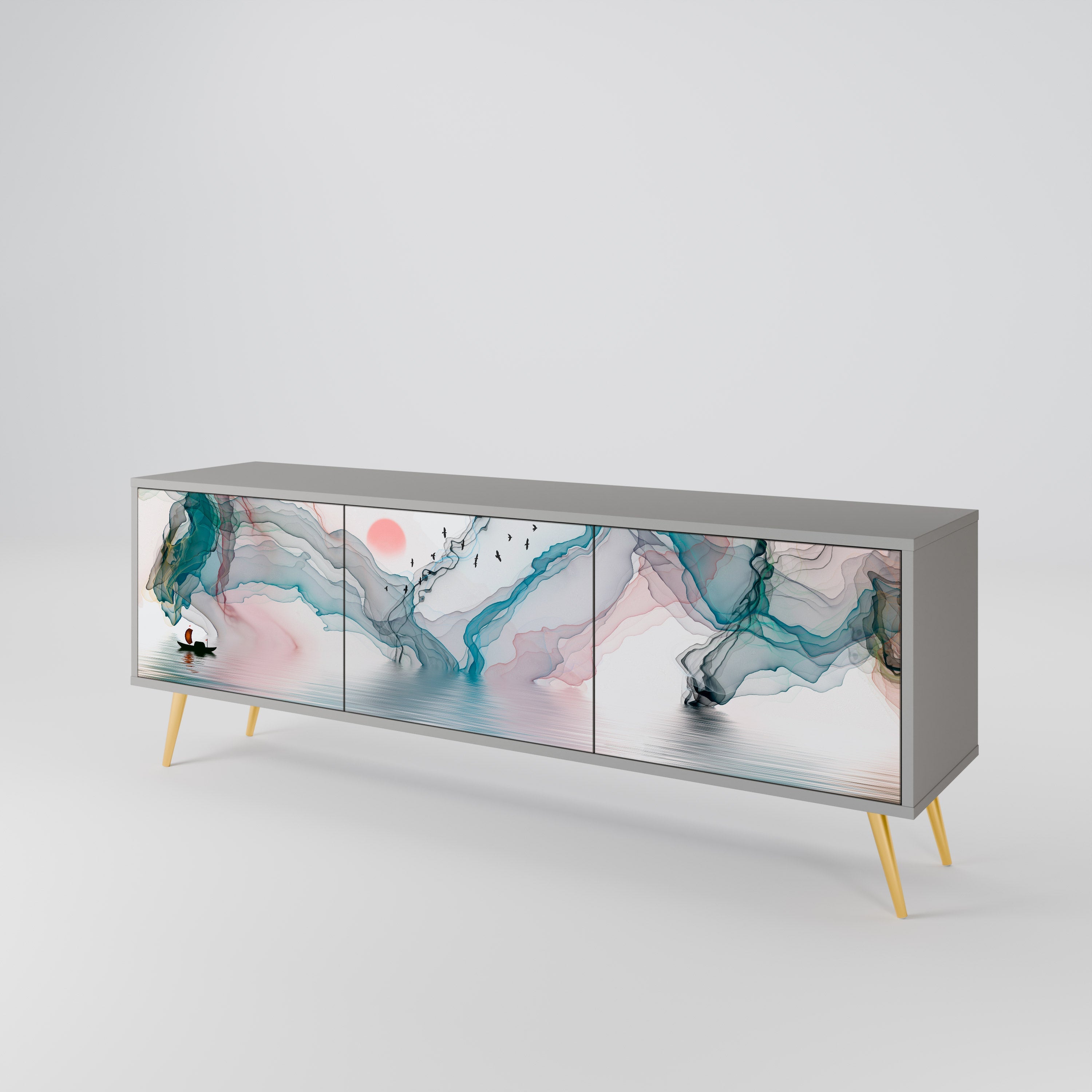 Meuble TV 3 portes VELVET CROSSING, finition grise