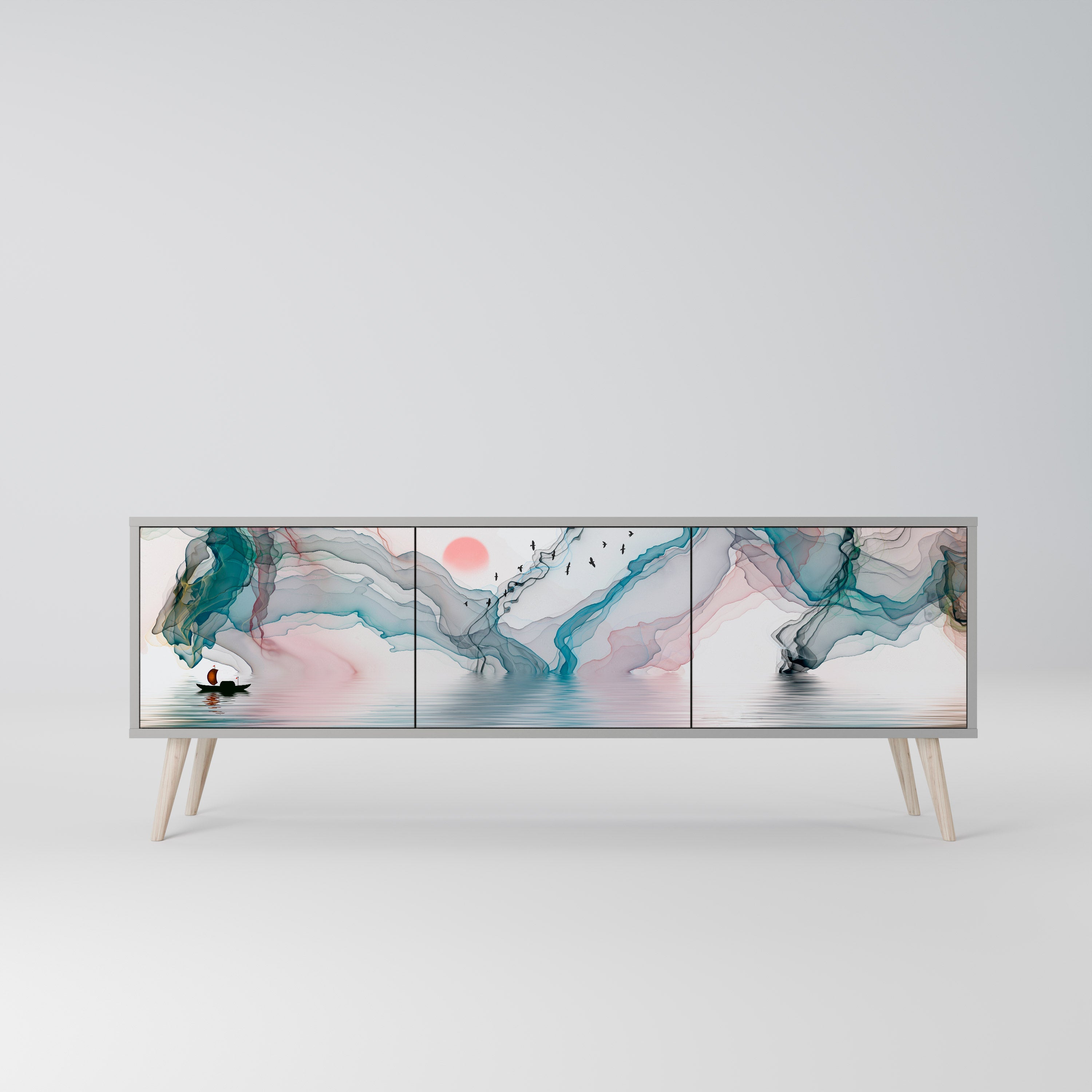 Meuble TV 3 portes VELVET CROSSING, finition grise