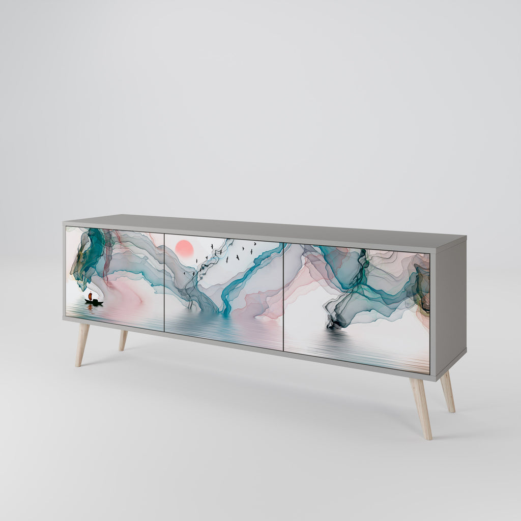 Meuble TV 3 portes VELVET CROSSING, finition grise