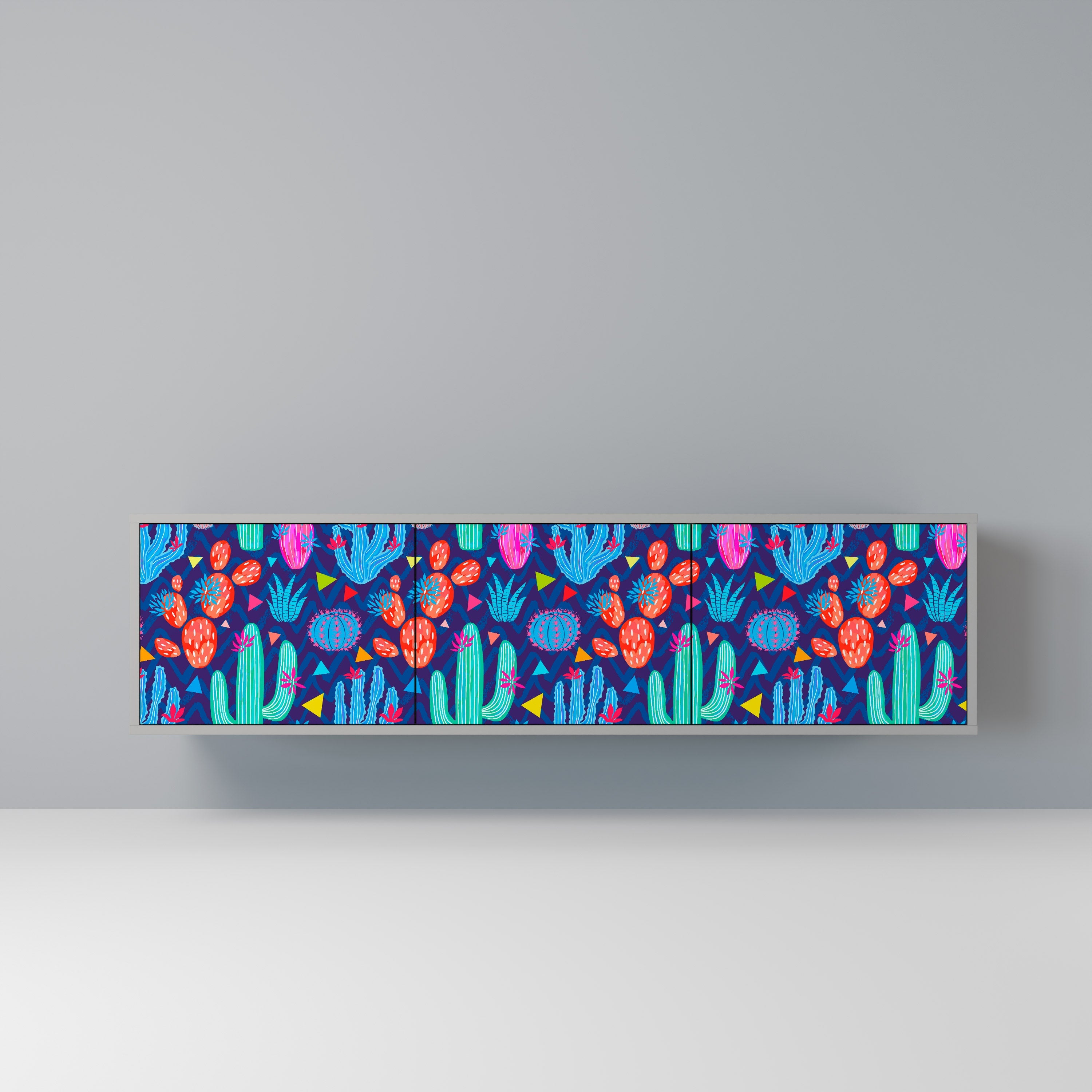 Meuble TV 3 portes CACTUS VIBES, finition grise