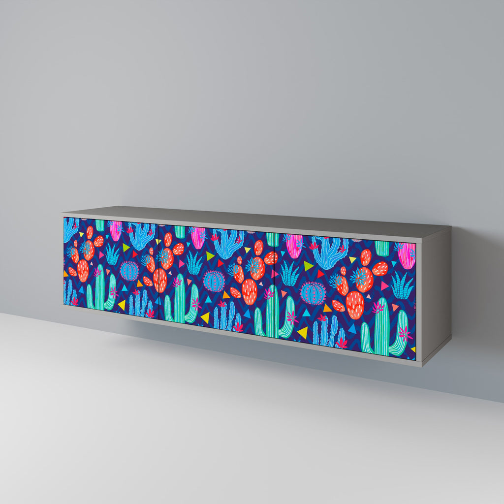 Meuble TV 3 portes CACTUS VIBES, finition grise