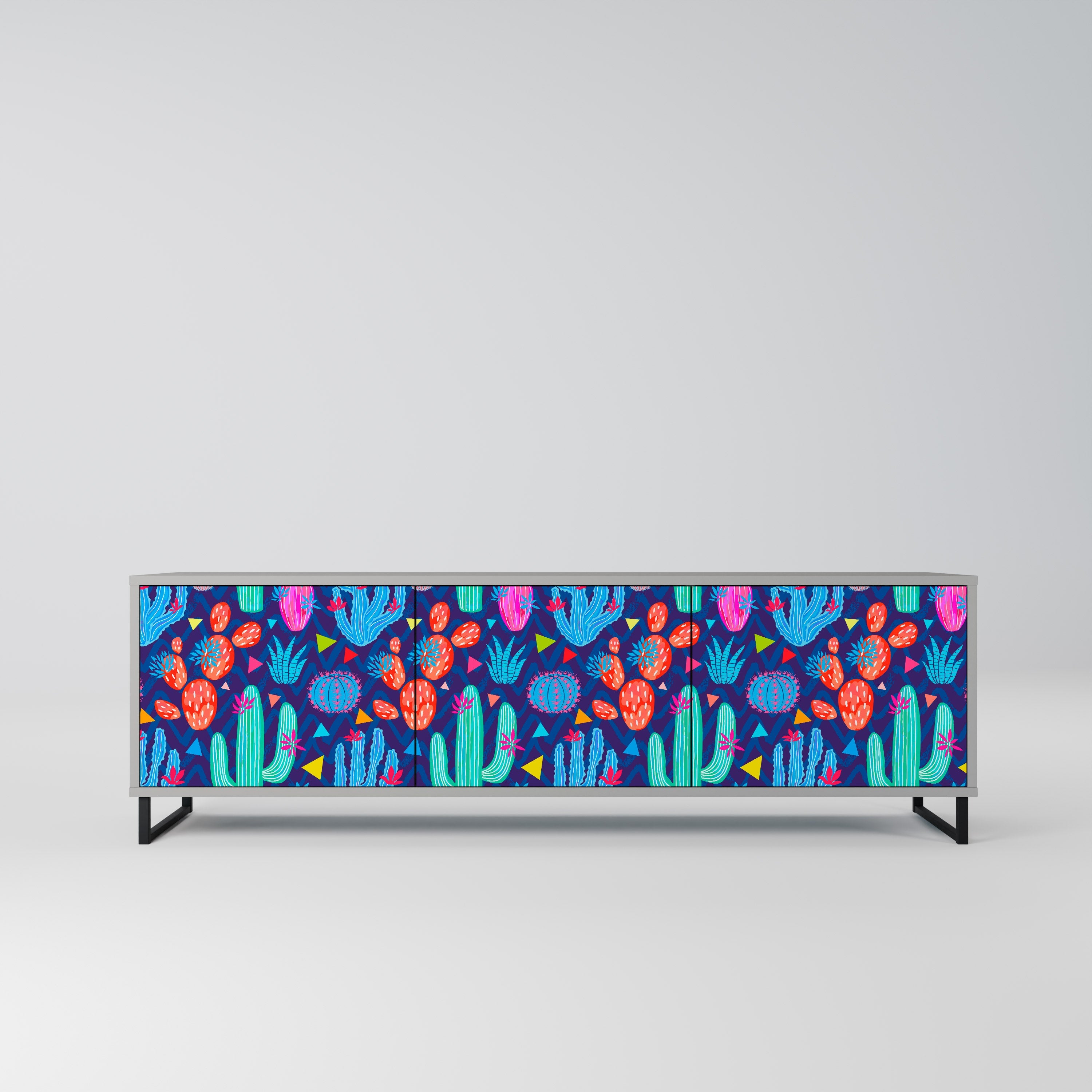 Meuble TV 3 portes CACTUS VIBES, finition grise