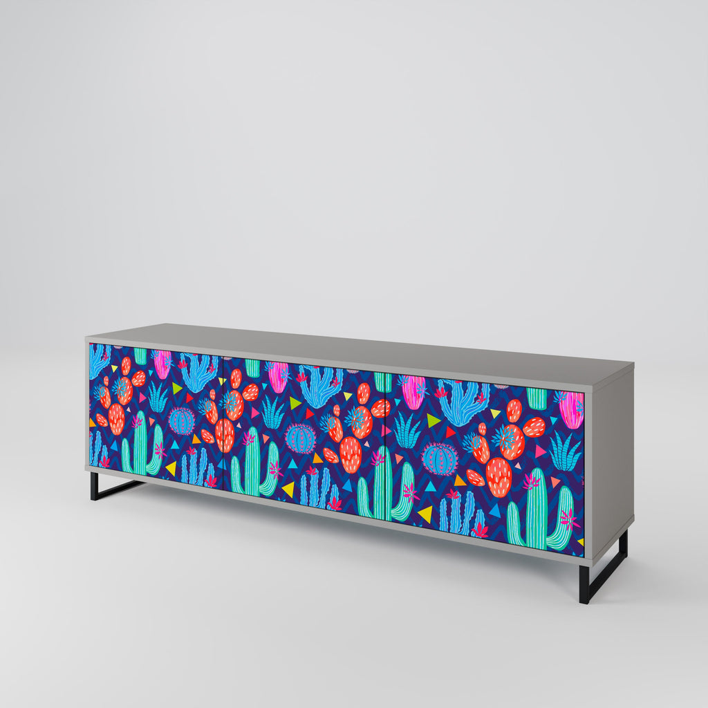 Meuble TV 3 portes CACTUS VIBES, finition grise