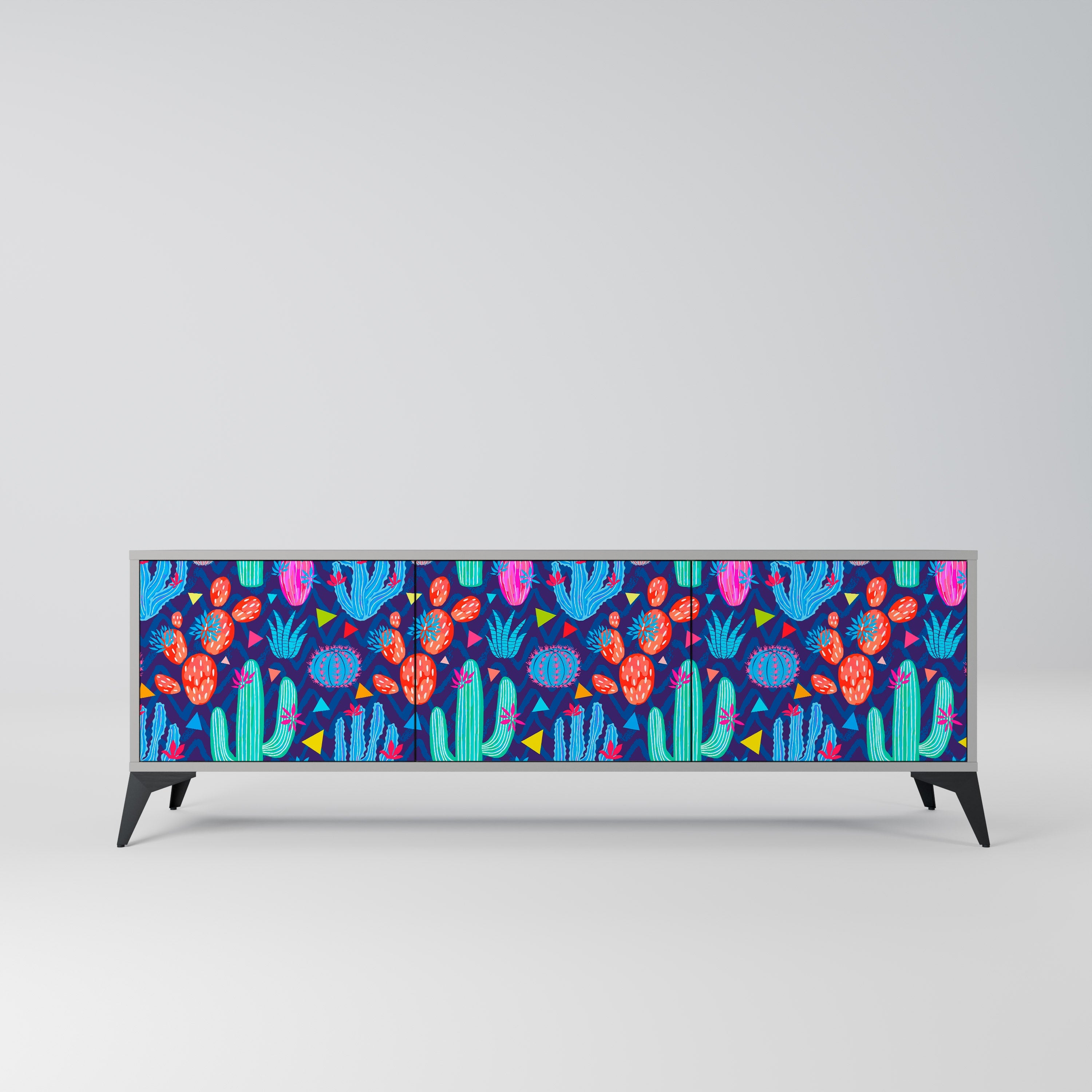 Meuble TV 3 portes CACTUS VIBES, finition grise