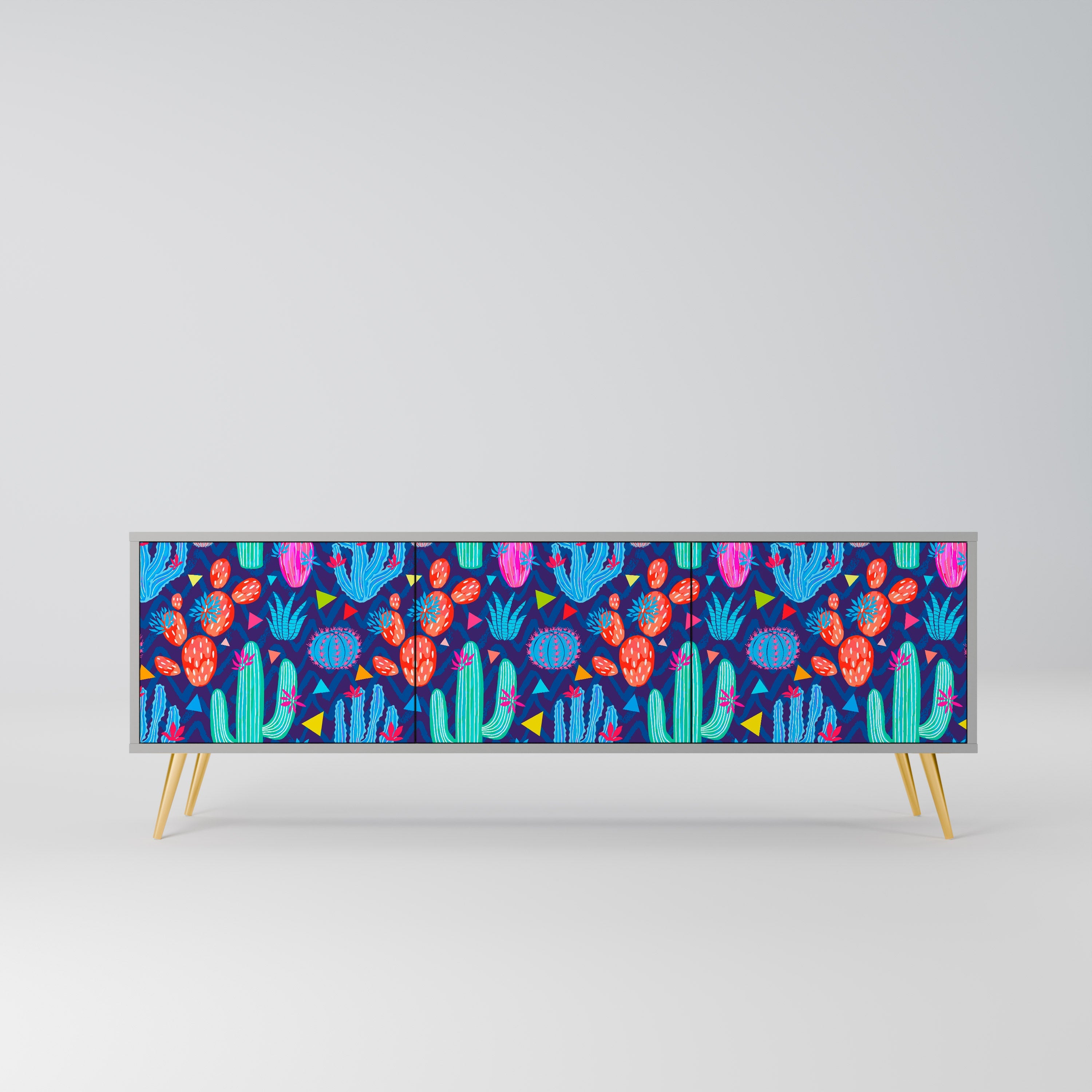 Meuble TV 3 portes CACTUS VIBES, finition grise