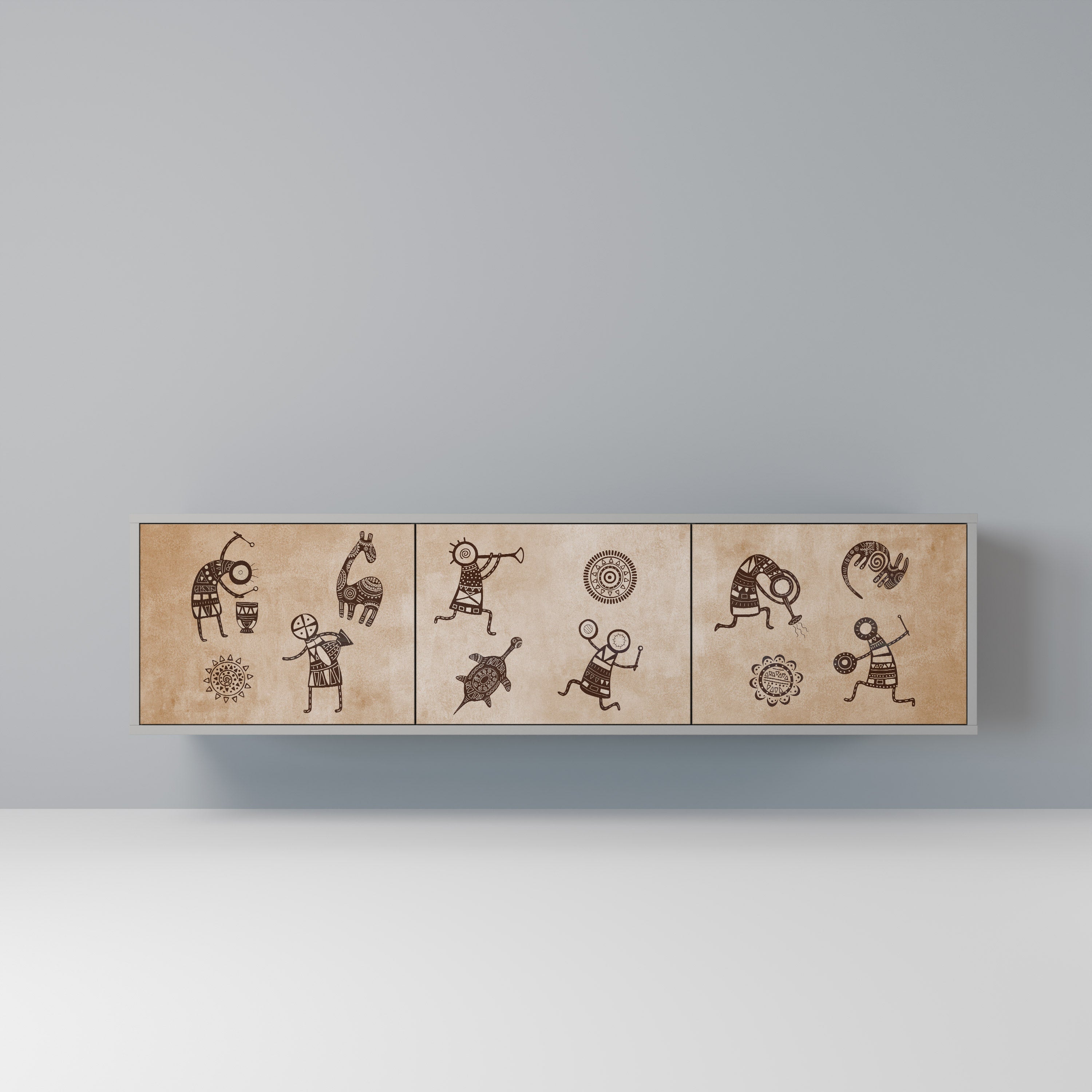 Meuble TV 3 portes de style africain, finition grise