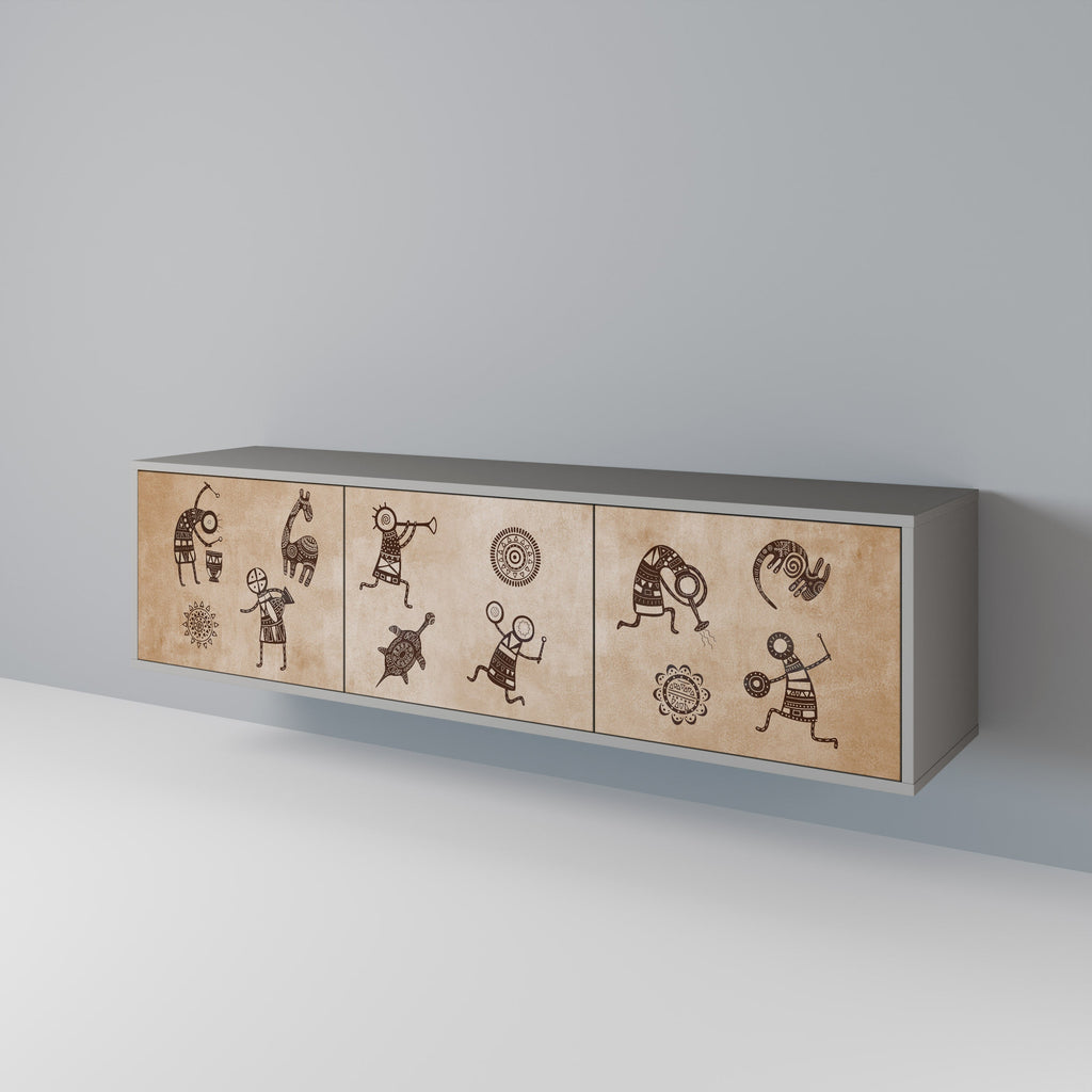 Meuble TV 3 portes de style africain, finition grise