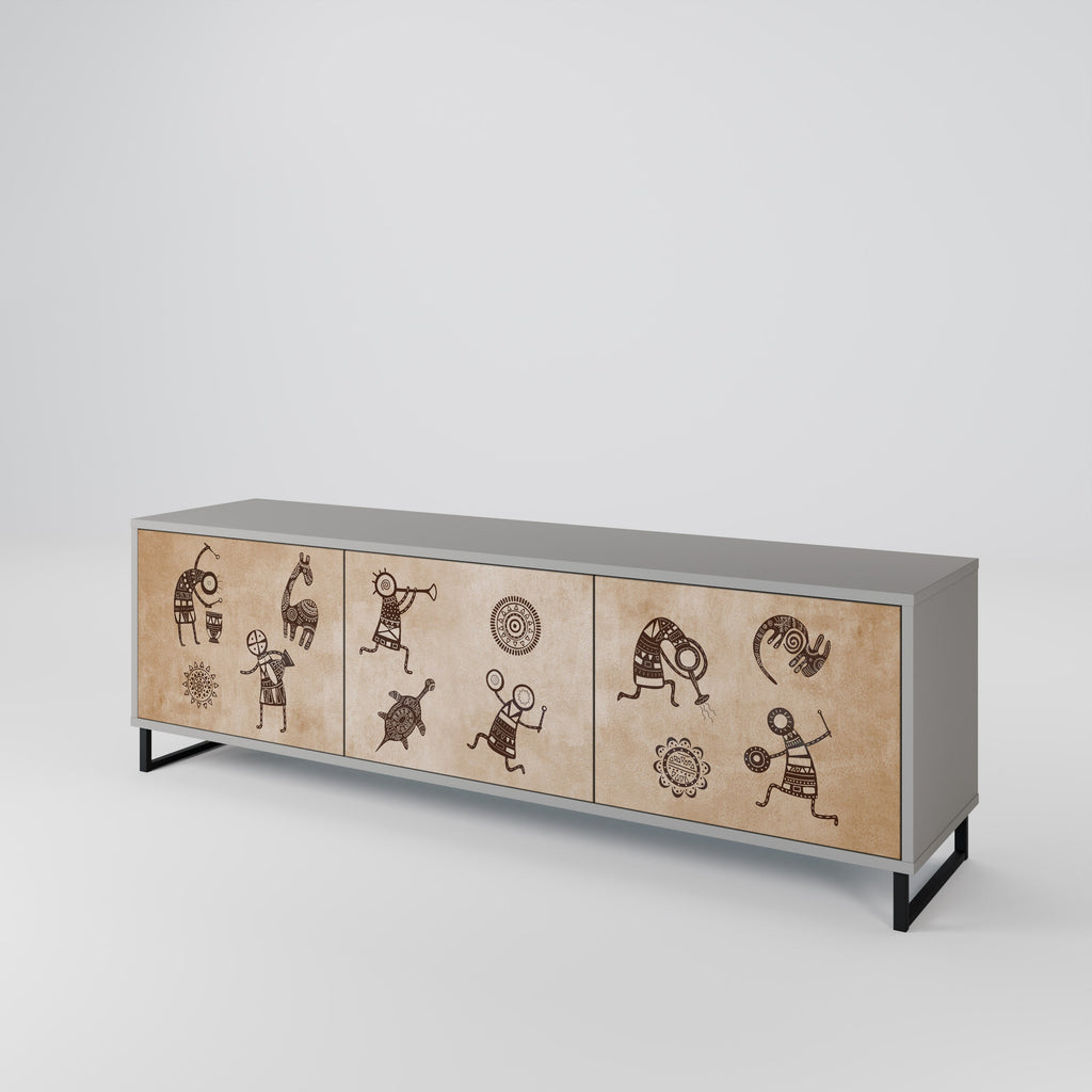 Meuble TV 3 portes de style africain, finition grise