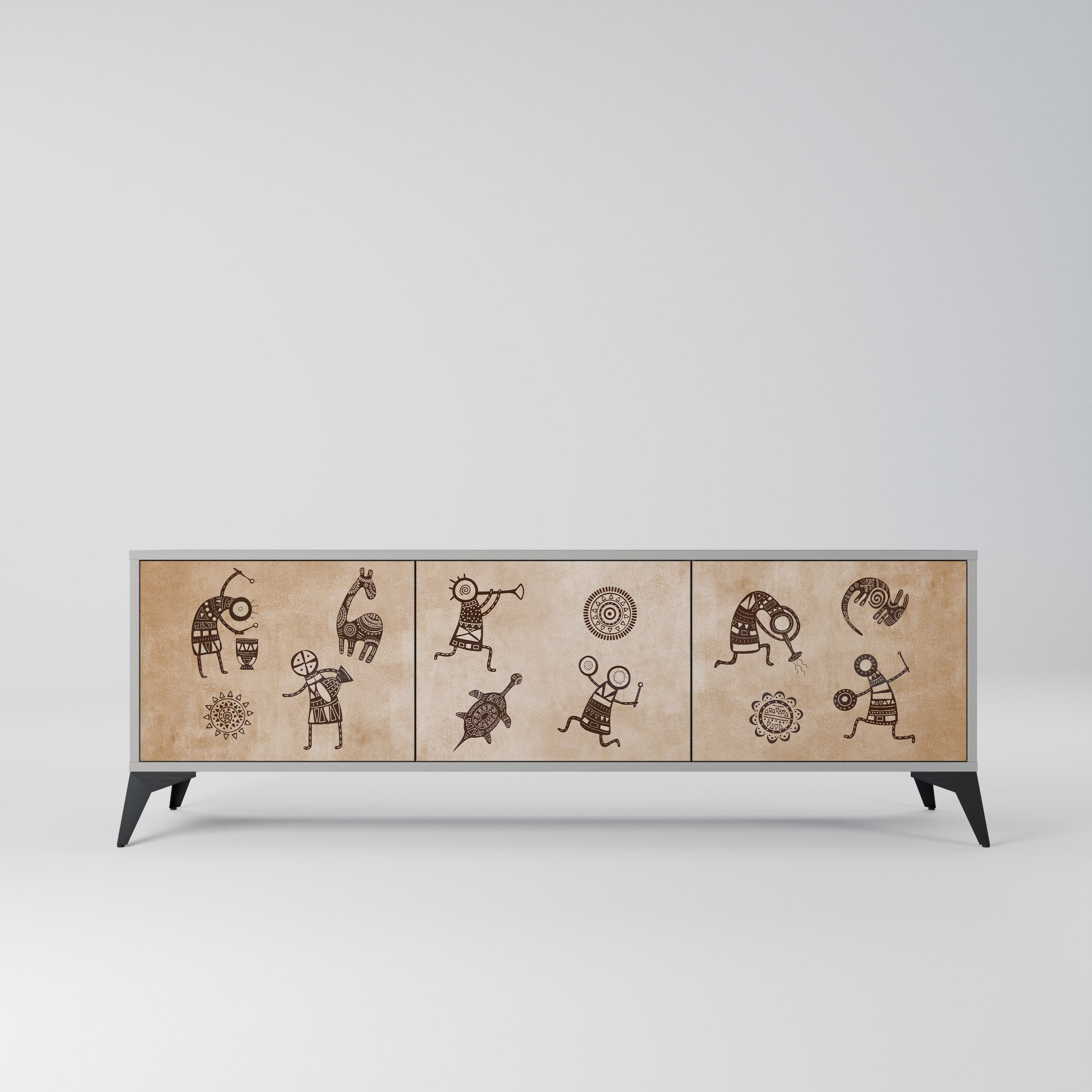 Meuble TV 3 portes de style africain, finition grise