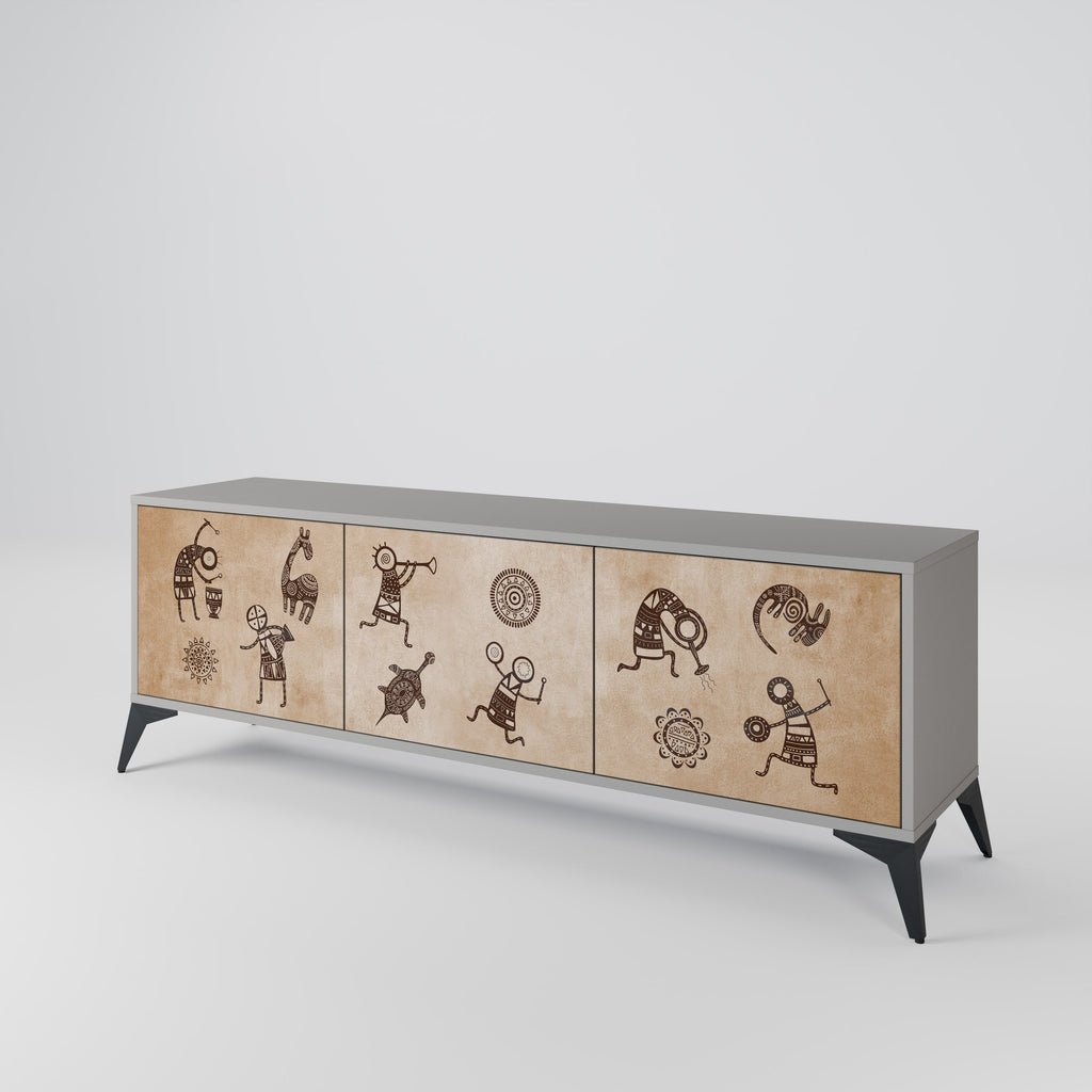 Meuble TV 3 portes de style africain, finition grise